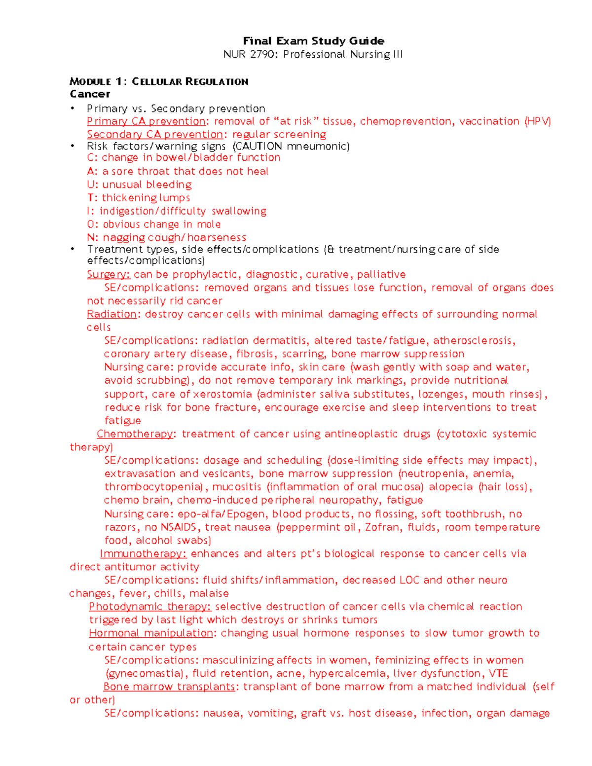 Final Exam Study Guide NUR 2790: Professional Nursing III - Secondary ...