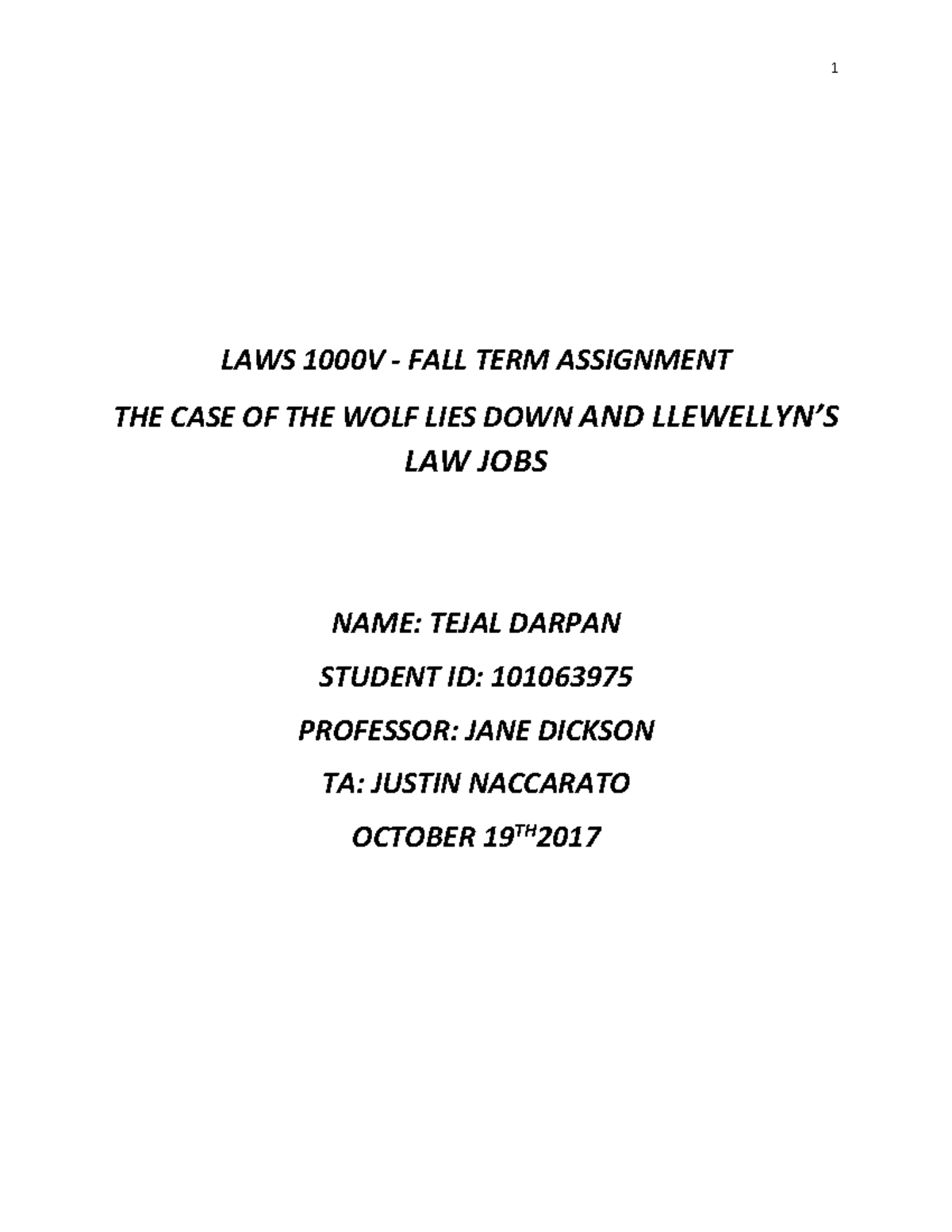LAWS 1000V Fall term assignment - 1 LAWS 1000V - FALL TERM ASSIGNMENT ...