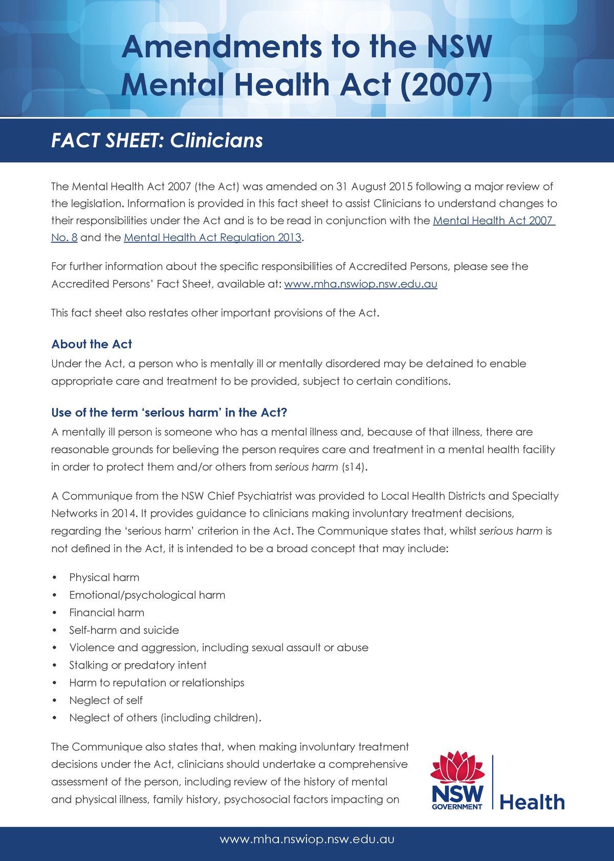 Mental Health Act Amendments 2015 - FACT SHEET: Clinicians Amendments ...