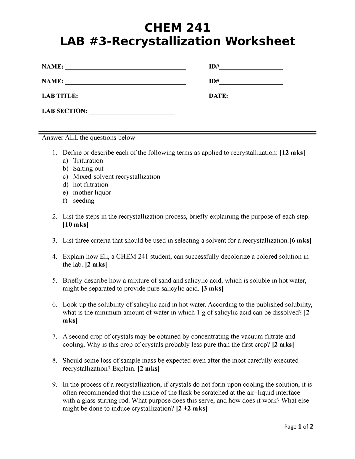 Lab 3 Recrystallization Worksheet - CHEM 241 LAB #3-Recrystallization ...