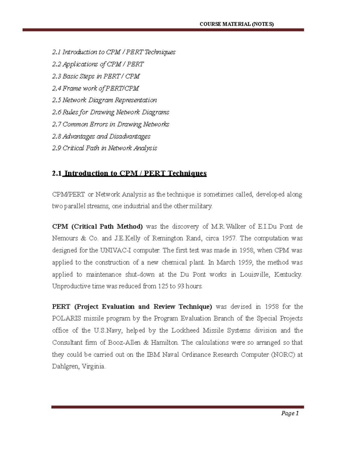 Introduction to CPM PERT Techniques - COURSE MATERIAL (NOTES) Page 1 2 ...