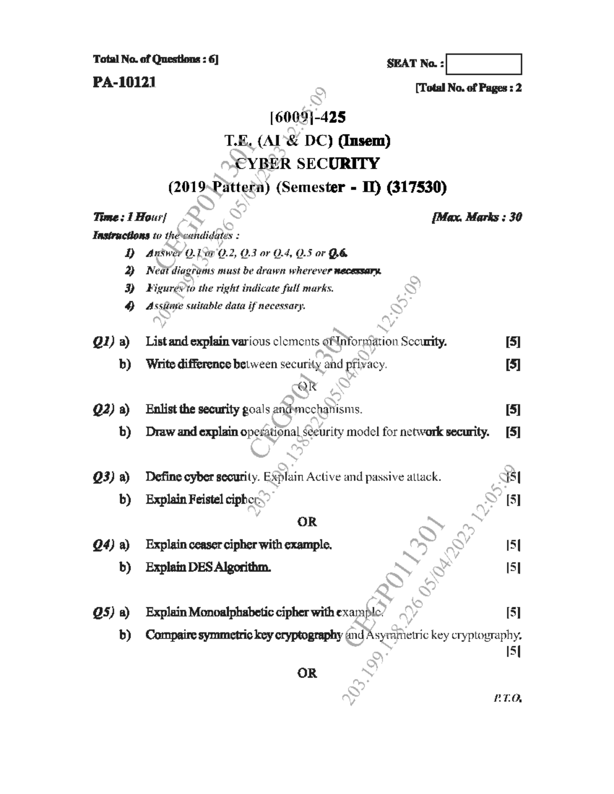 Cyber Security T.E. (AI &DS)(2019 Pattern) (Semester - II) (Insem ...