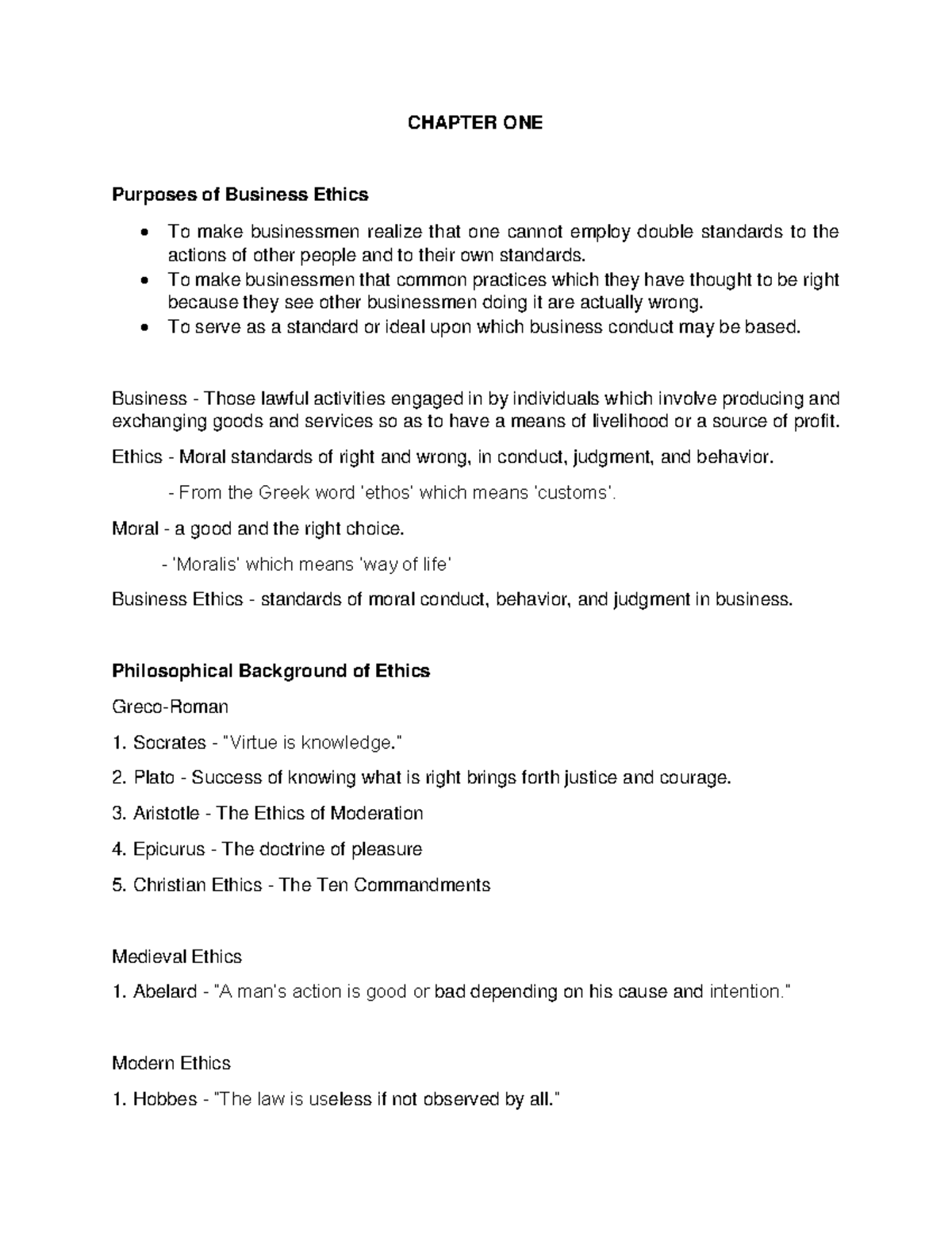 Business Ethics CHAP 1 TO 10 - CHAPTER ONE Purposes of Business Ethics ...
