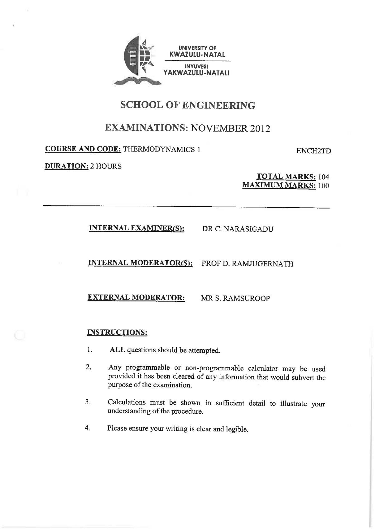 Thermodynamics Exam 2012 - ENCH2TD - Studocu