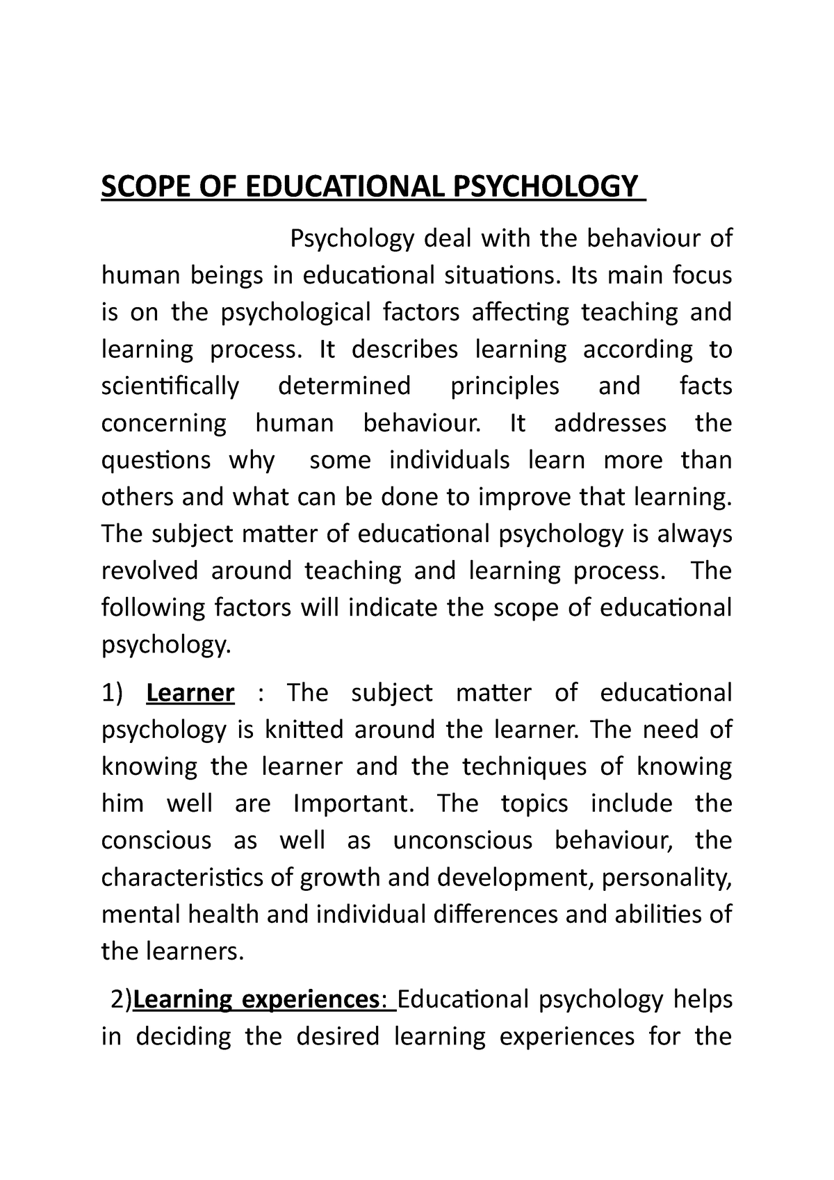 Chapter 4 Scope Of Educational Psychology - SCOPE OF EDUCATIONAL ...