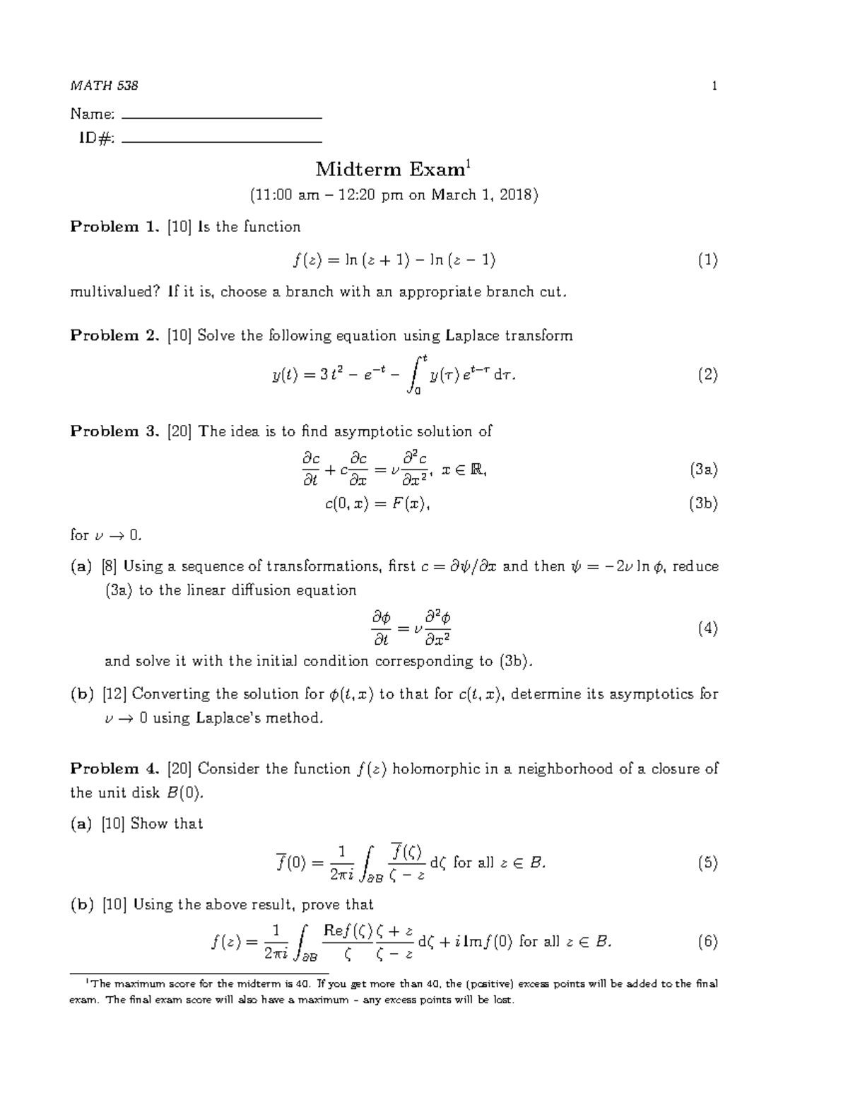 Mt - Midterm - MATH 538 1 Name: ID#: Midterm Exam 1 (11:00 Am – 12:20 ...