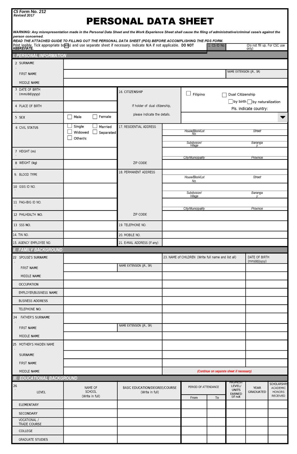 PDS - Thank you - CS Form No. 212 Revised 2017 PERSONAL DATA SHEET ...