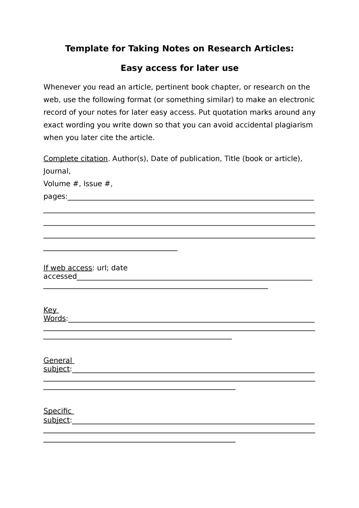 Template for Taking Notes on Research Articles Put quotation marks