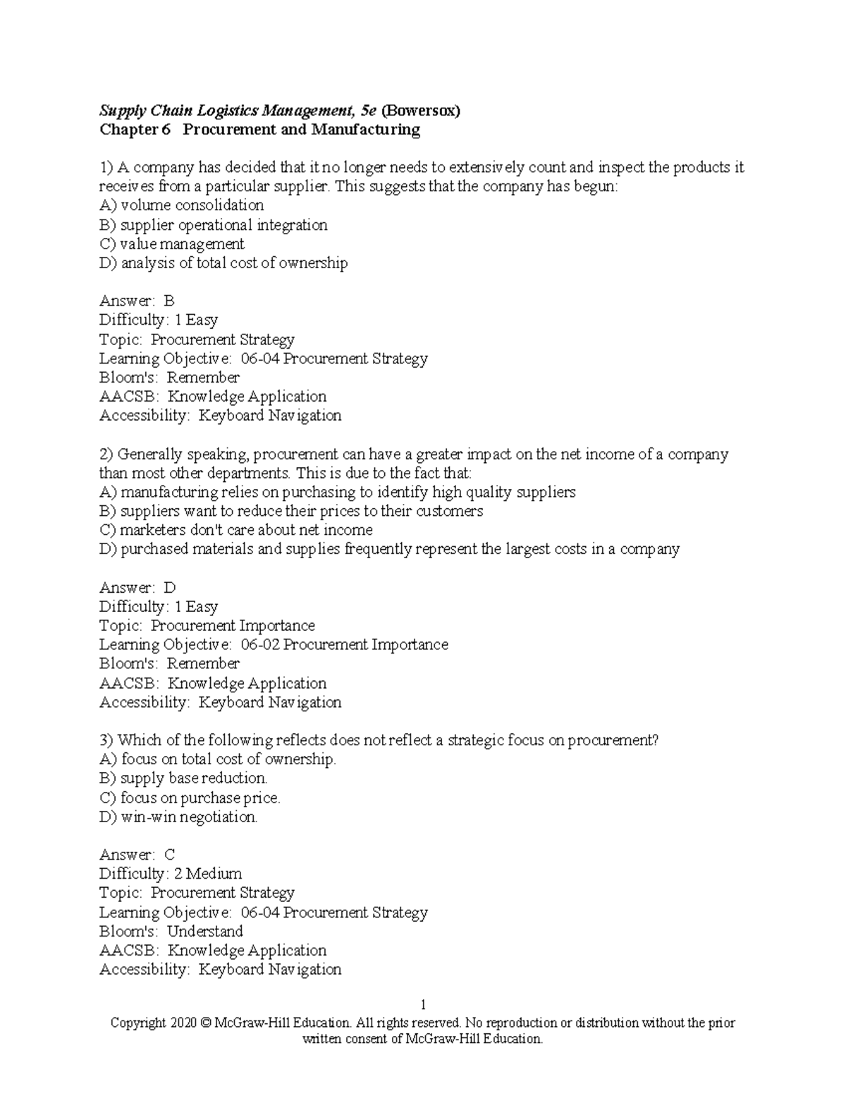 Bowersox 5e Chapter 06 TB Answer Key Supply Chain Logistics