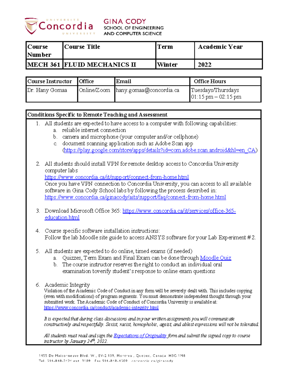 Fluid Mechanics II (MECH 361) Course Outline (Winter 2022-Section T ...