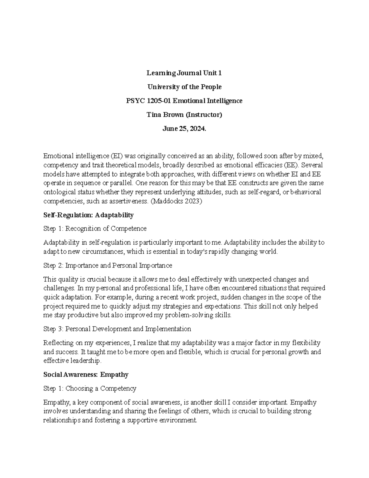 Learning Journal Unit 1 - Emotional intelligence (EI) was originally ...