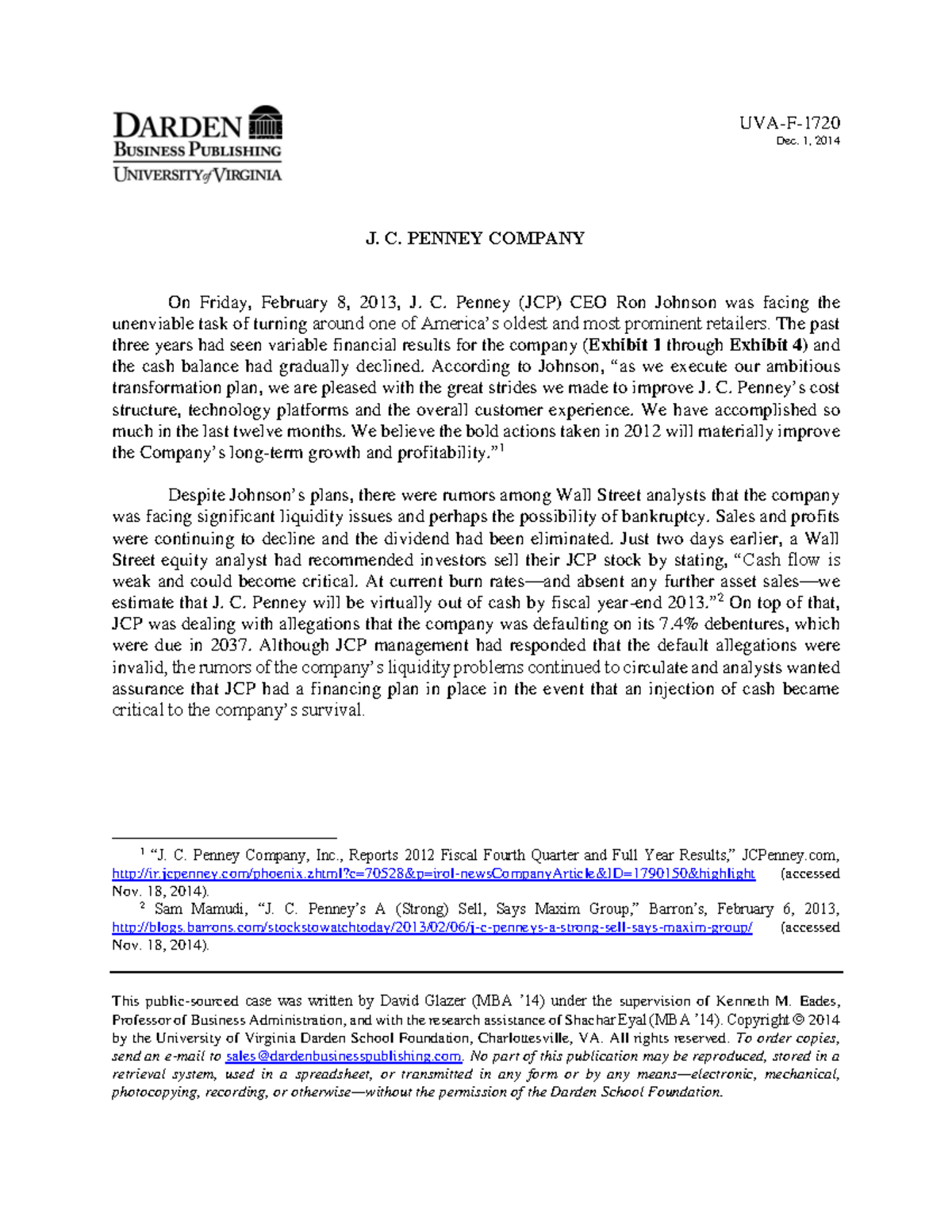 JC Penney Company UVAF Dec. 1, 2014 This publicsourced case was