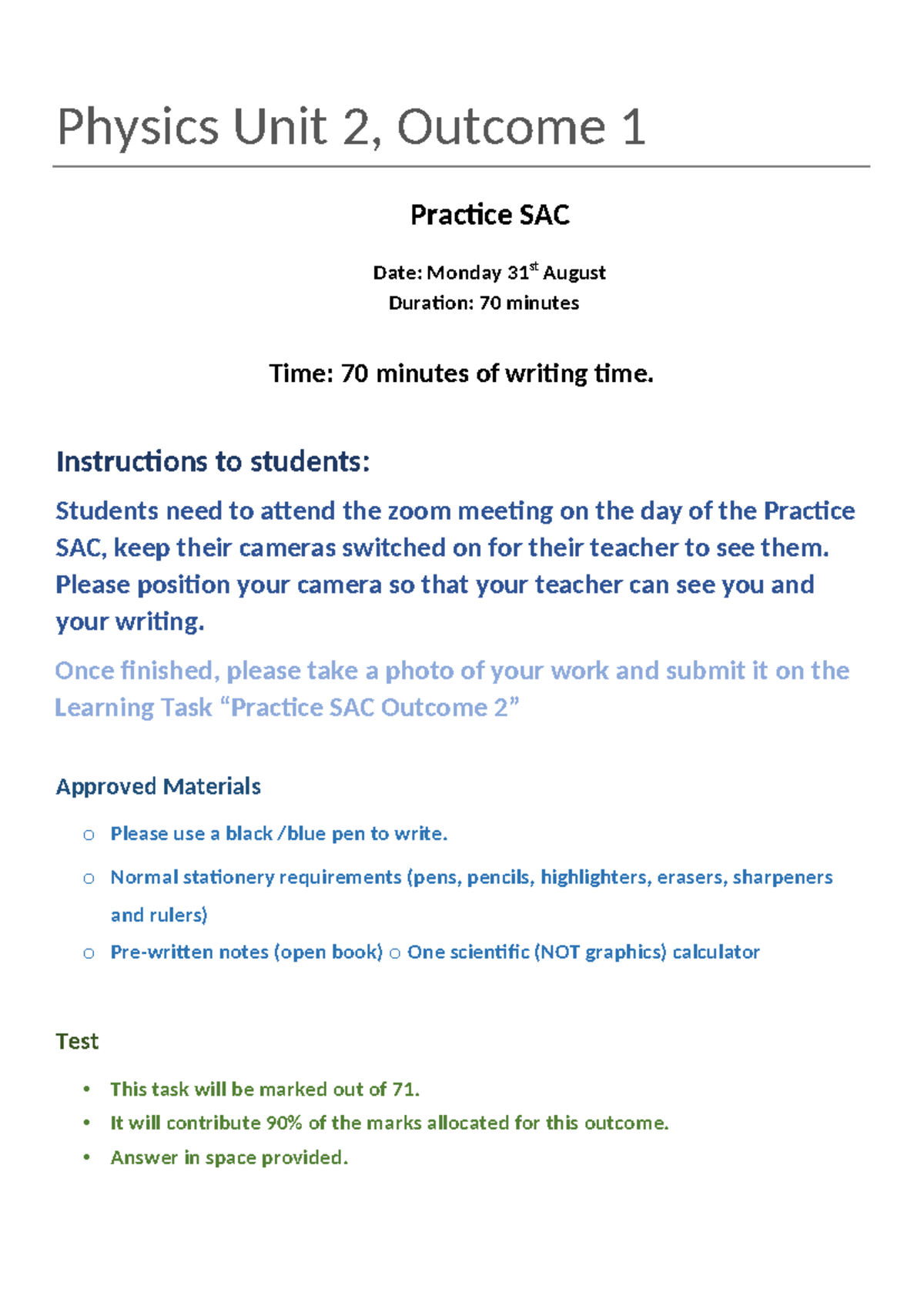 Practice SAC - Physics Unit 2, Outcome 1 Practice SAC Date: Monday 31st ...