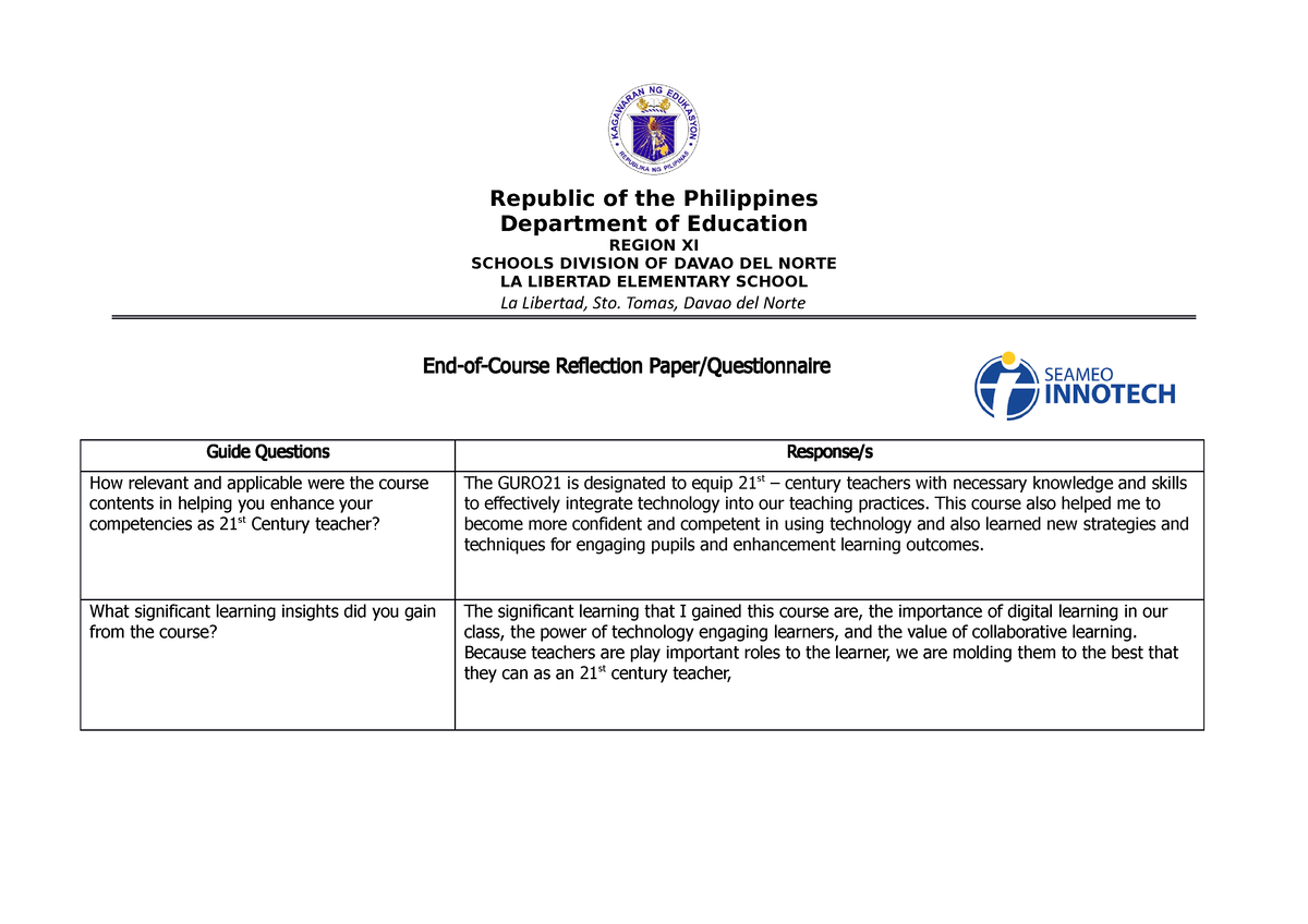 reflection paper on support to educational system in the philippines