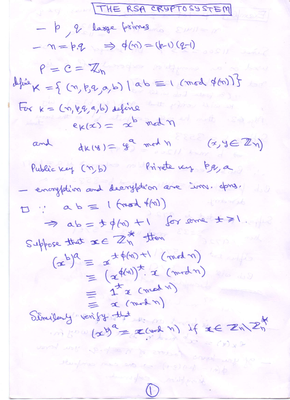 Notes 11rsa cryptosystem - THE RSA CRYPTOSYSTEM 1, 2 large primes p d(n ...