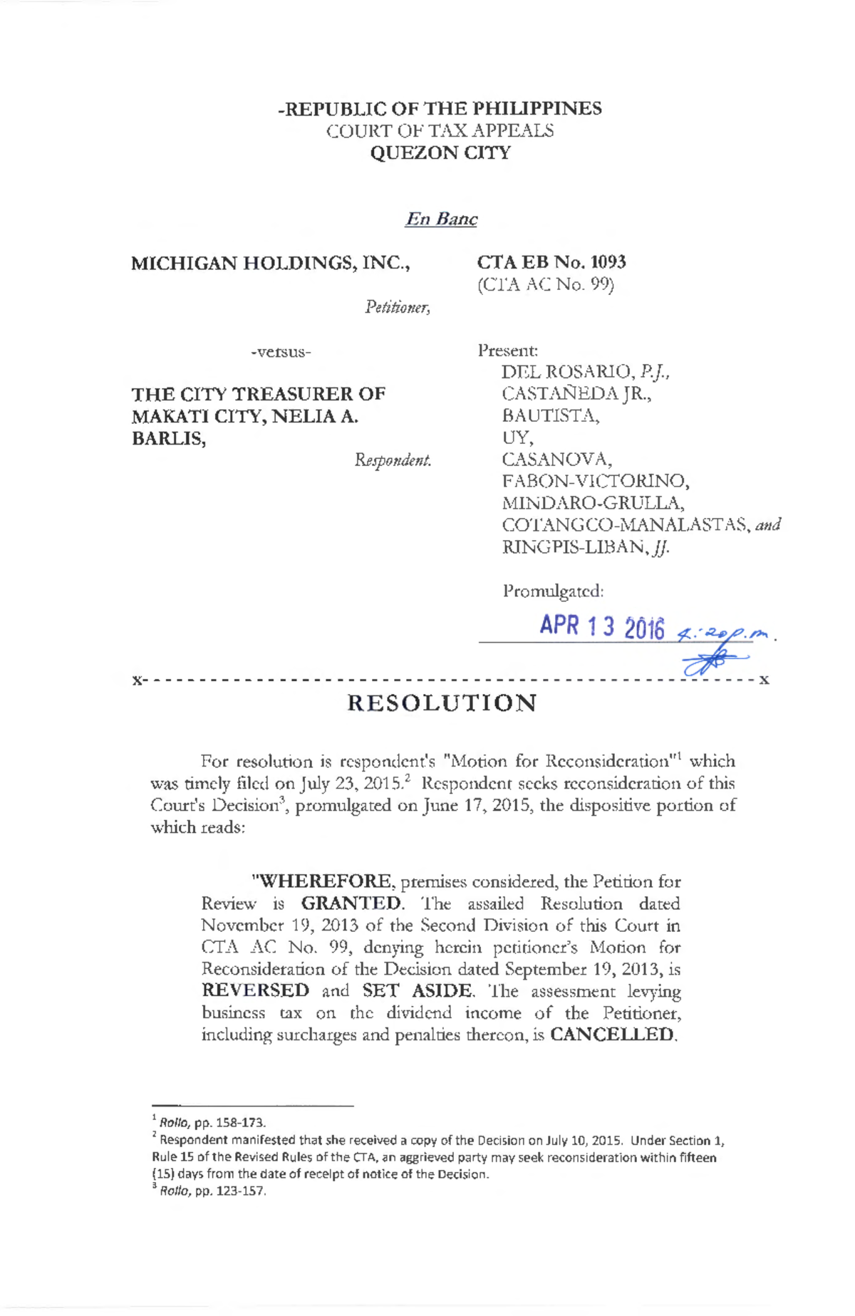 Michigan Holdings Inc. vs City Treasurer of Makati City CTA 1093 June