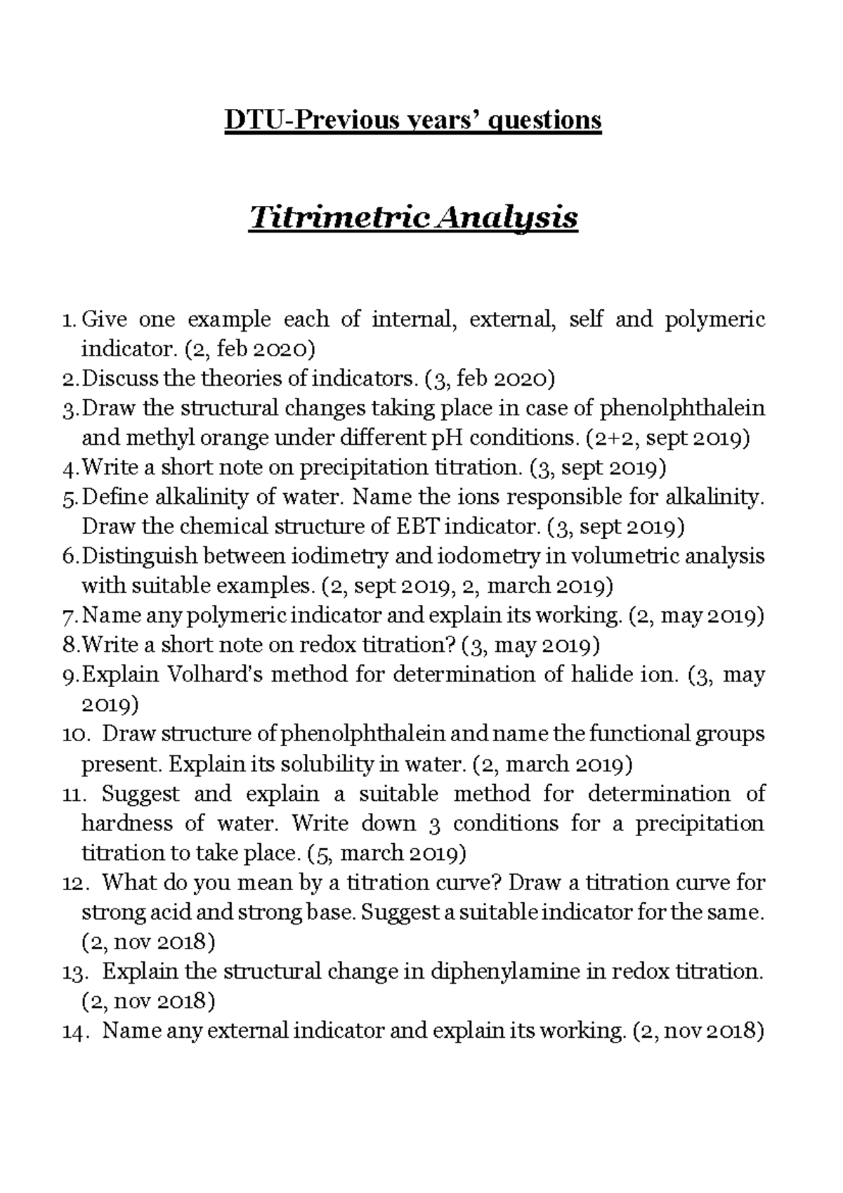 Chemistry Chapterwise PYQs DTUPrevious years’ questions Titrimetric