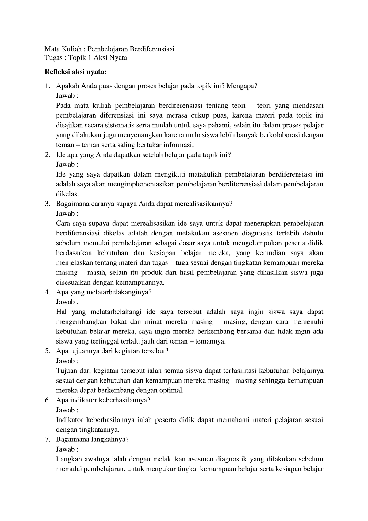 T1 Aksi Nyata Diferensiasi - Mata Kuliah : Pembelajaran Berdiferensiasi ...