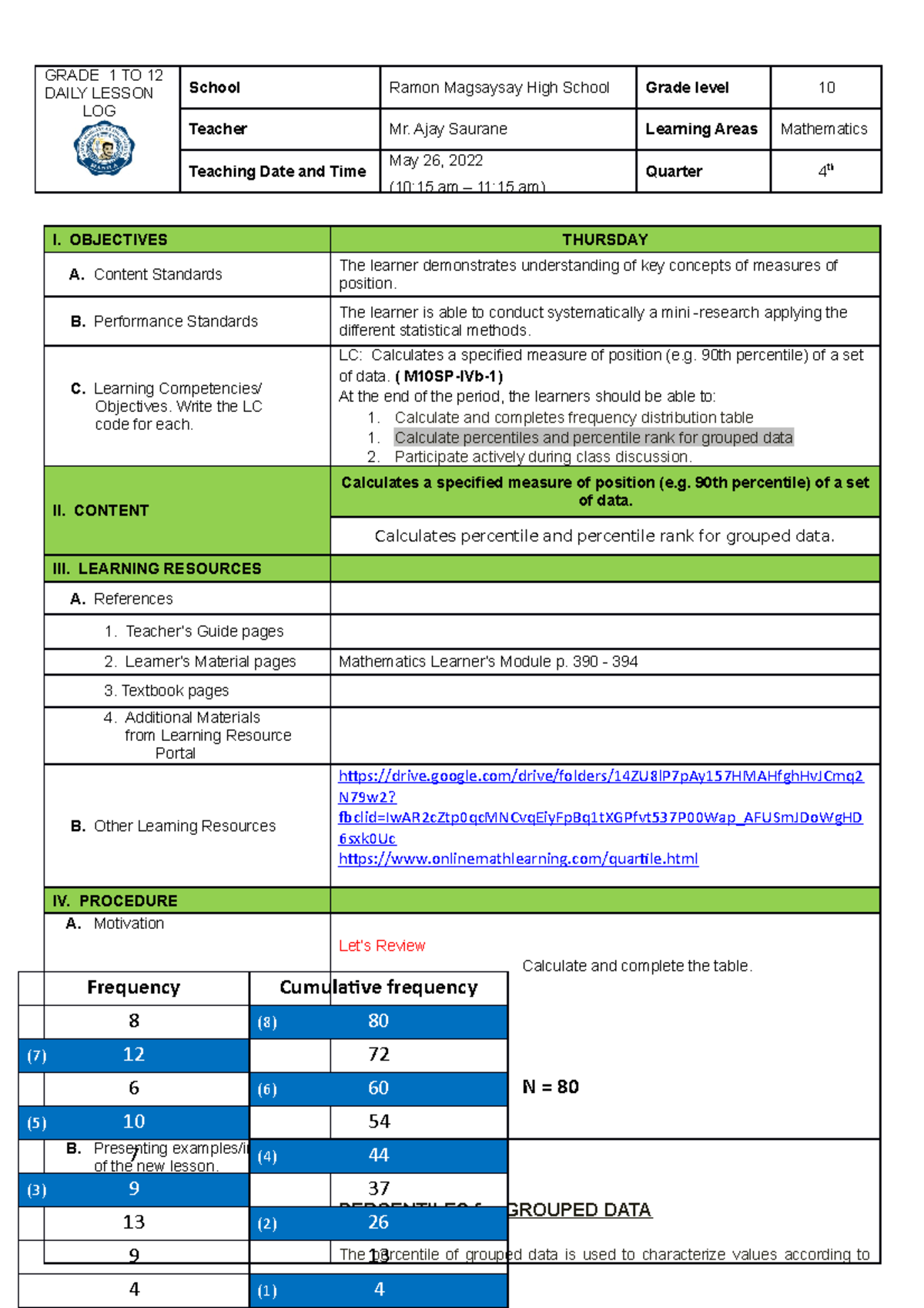 Calculates percentiles and percentile rank for grouped data GRADE 1