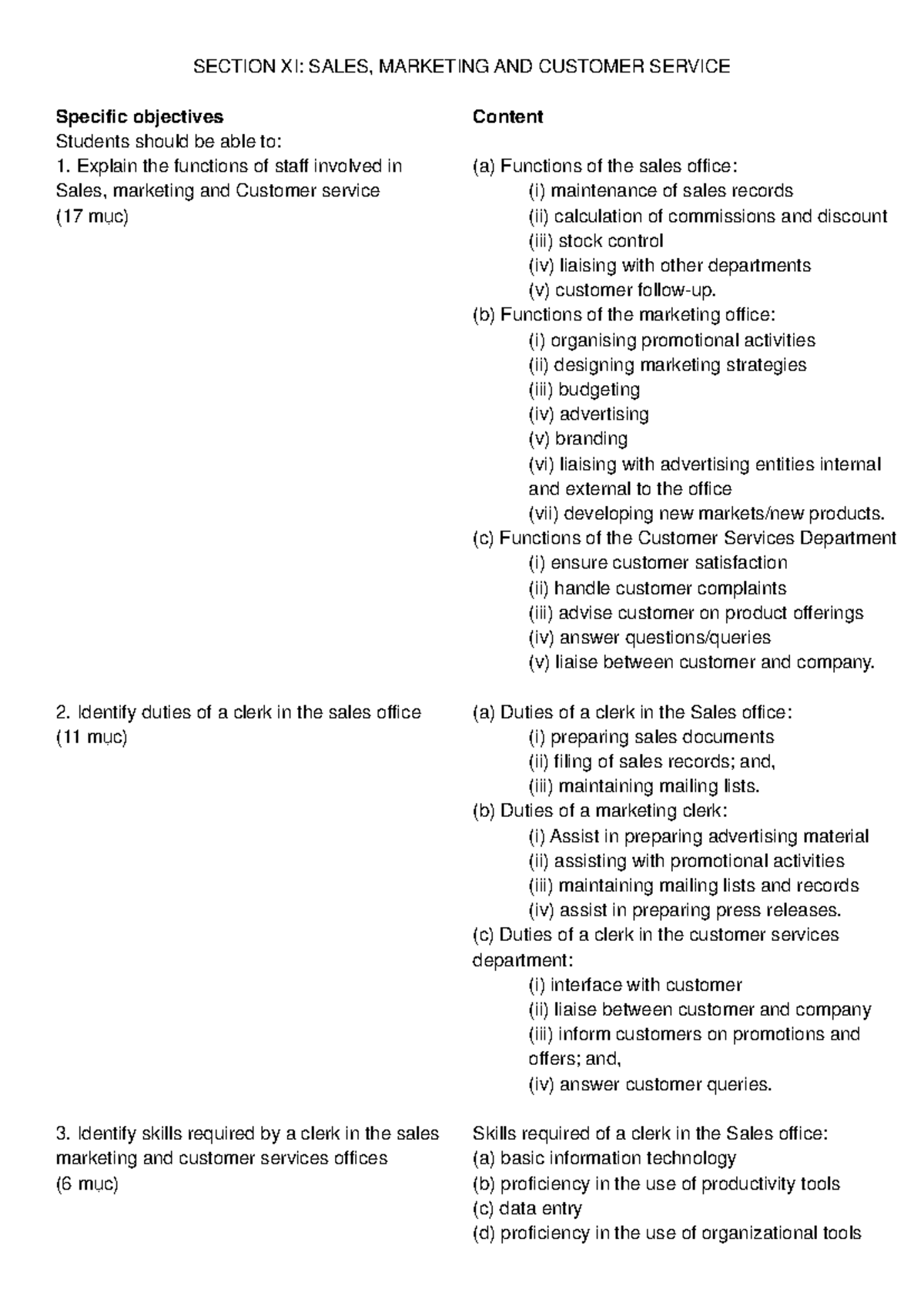 Sales, Marketing and Customer Service SECTION XI SALES, MARKETING
