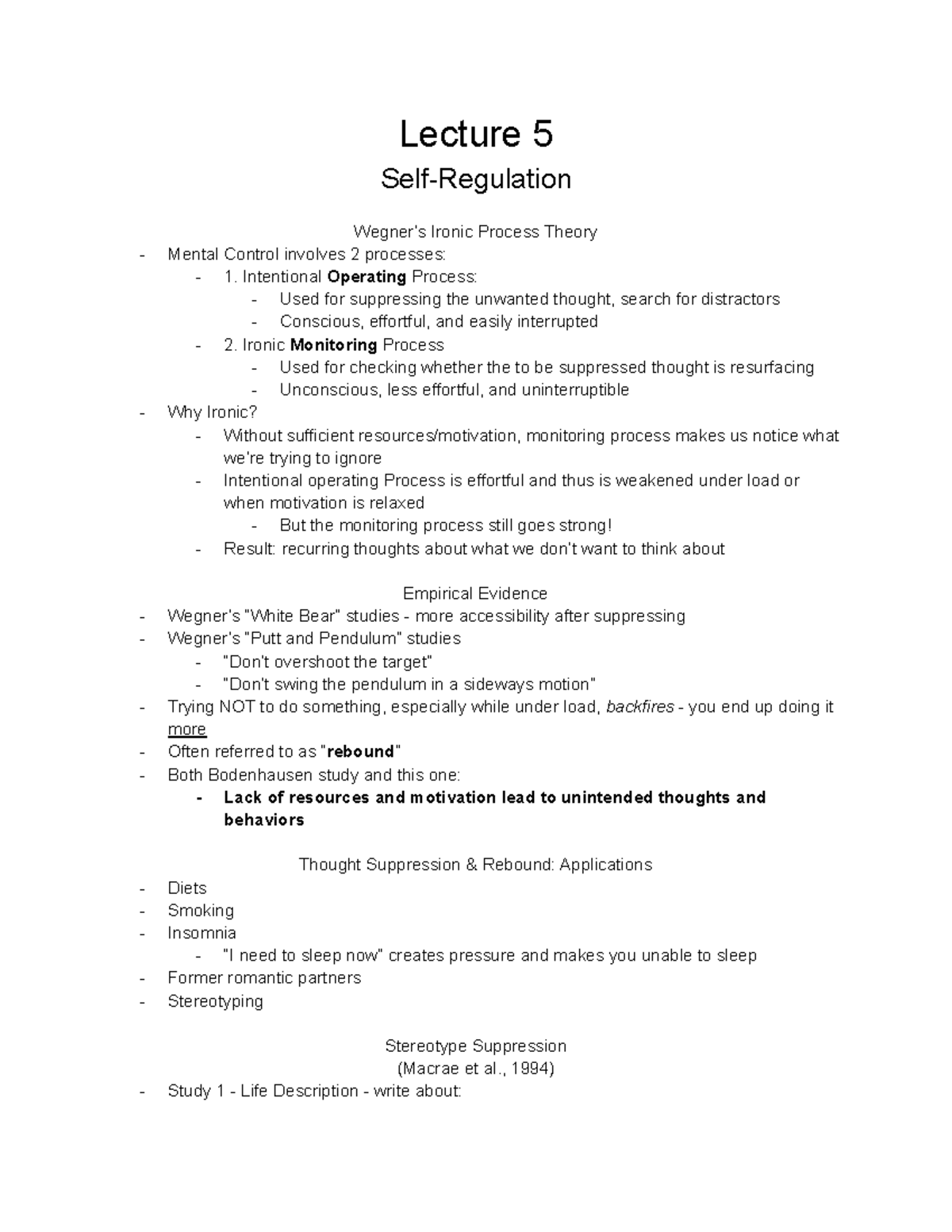 Psc 152 Notes (lecture 5) Lecture 5 SelfRegulation Wegner’s Ironic