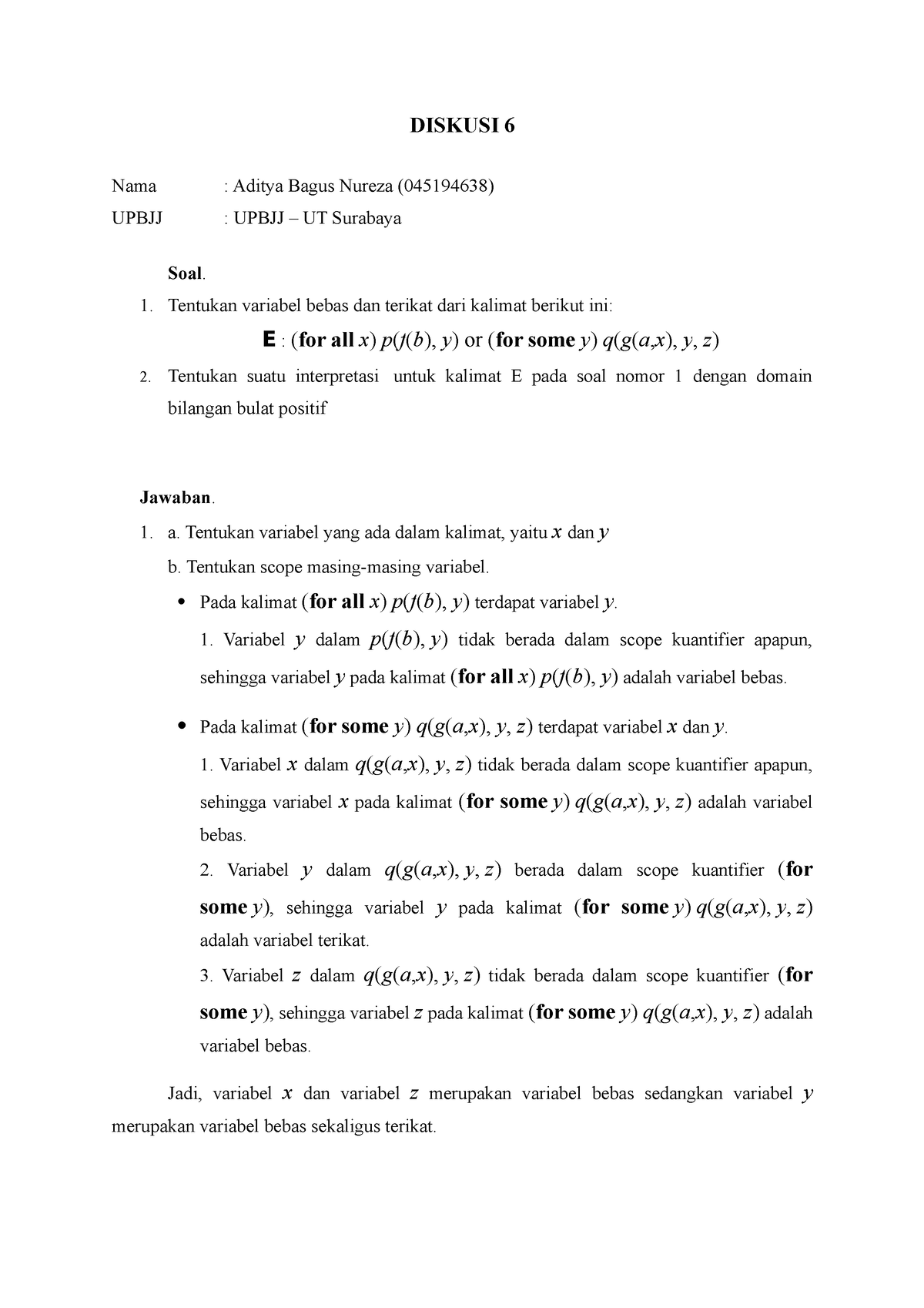 Logika Informatika SESI 6 045194638 Aditya Bagus N - DISKUSI 6 Nama ...