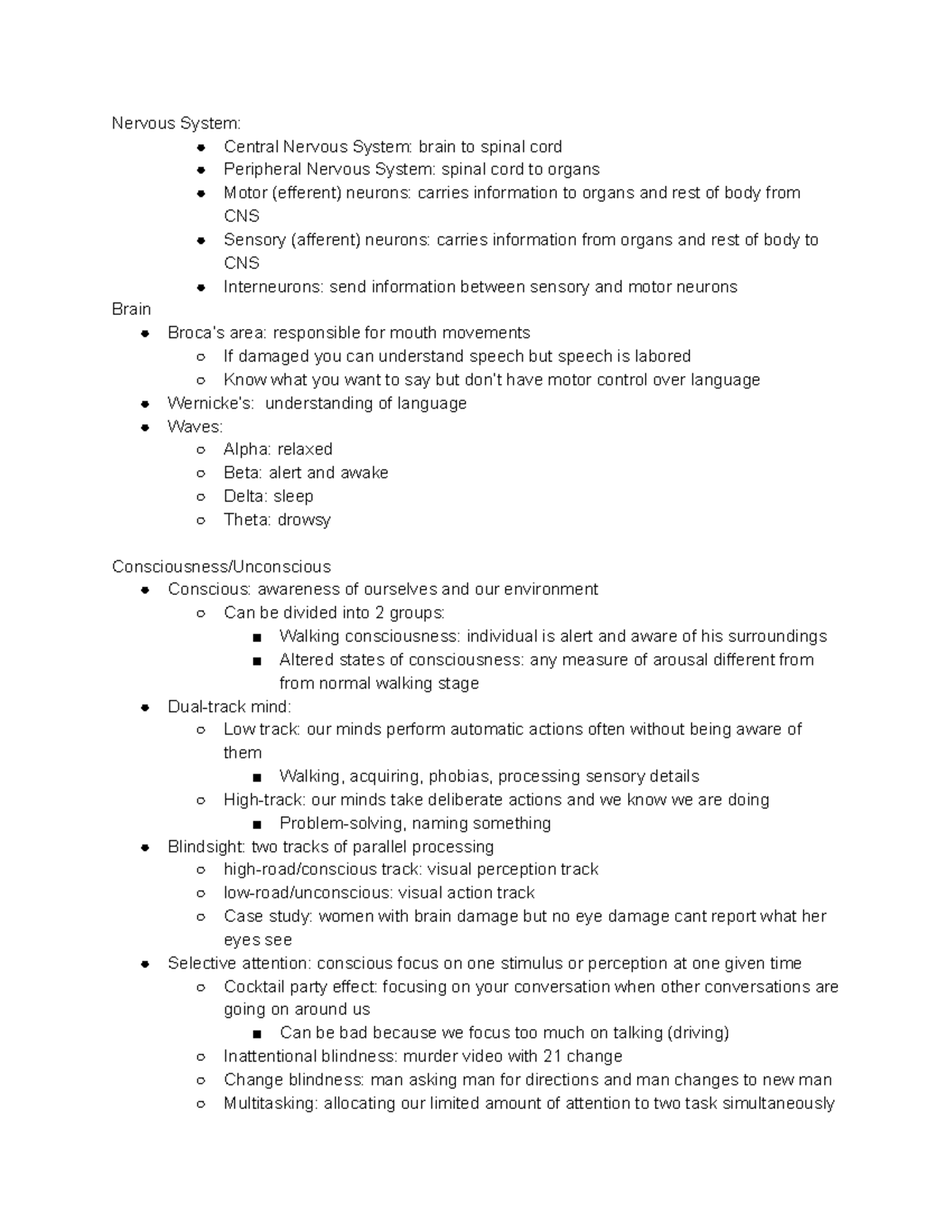 PSYC 181 Exam 2 Notes - Nervous System: Central Nervous System: Brain ...