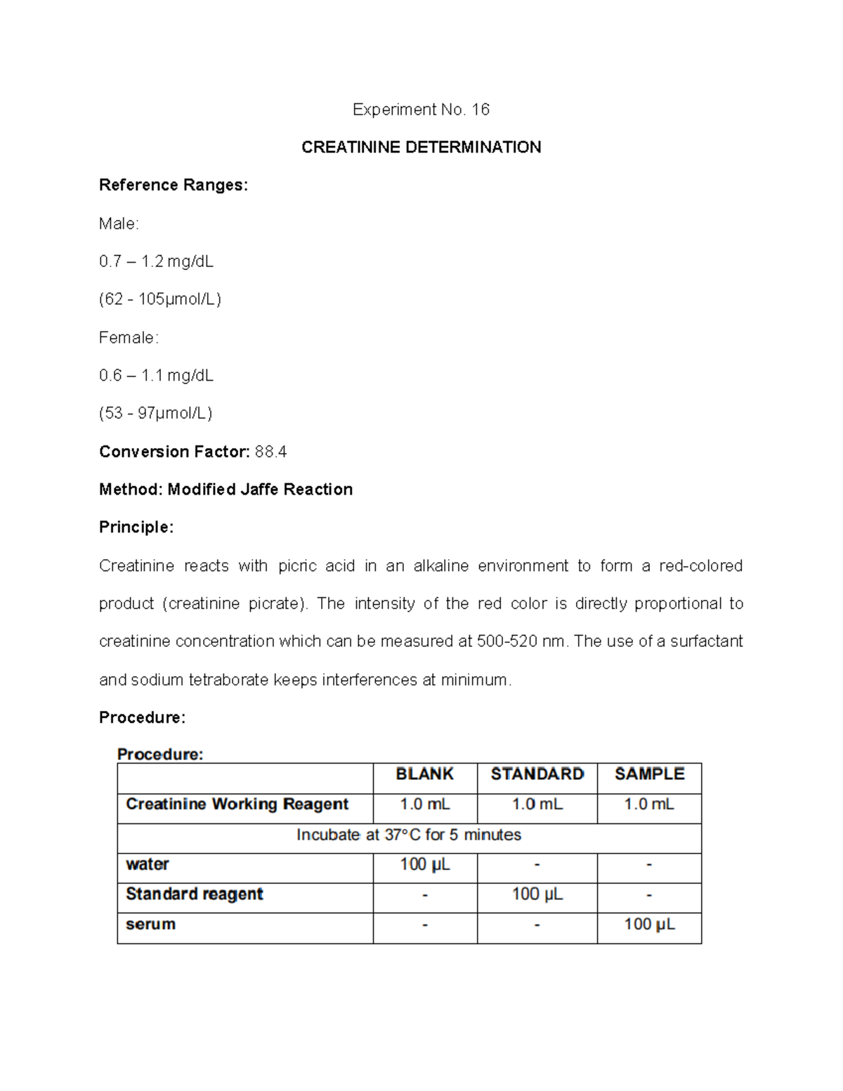 Creatinine Determination - Experiment No. 16 CREATININE DETERMINATION ...
