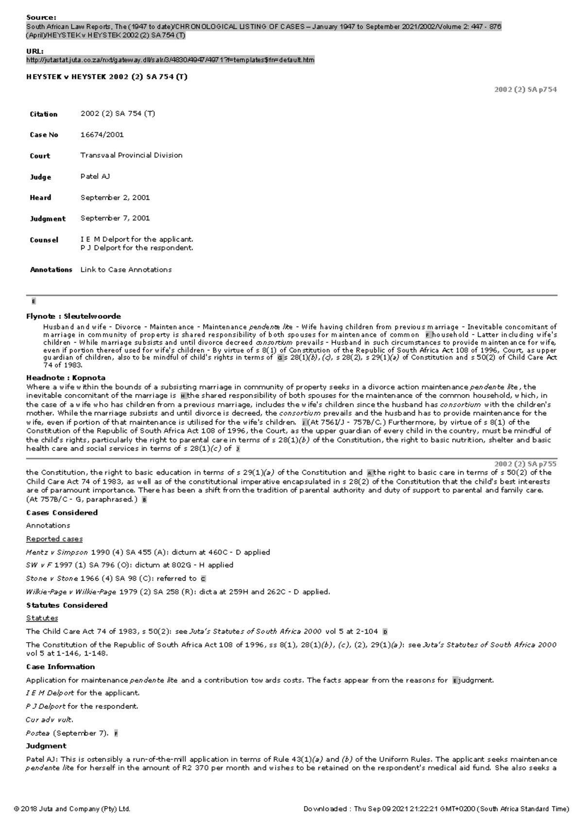 Heystek v Heystek 2002 (2) SA 754 (T) - Source: South African Law ...