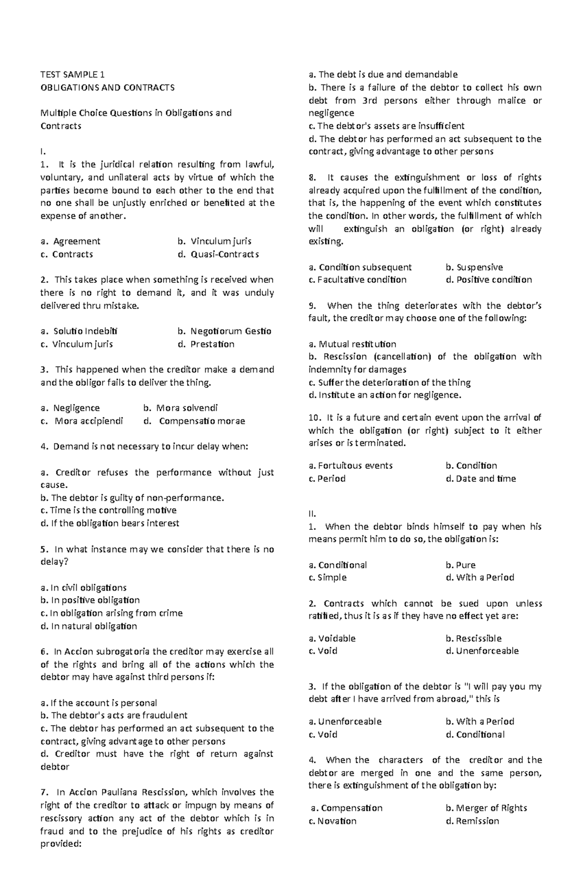 Test sample 1 law oblicon - TEST SAMPLE 1 OBLIGATIONS AND CONTRACTS ...