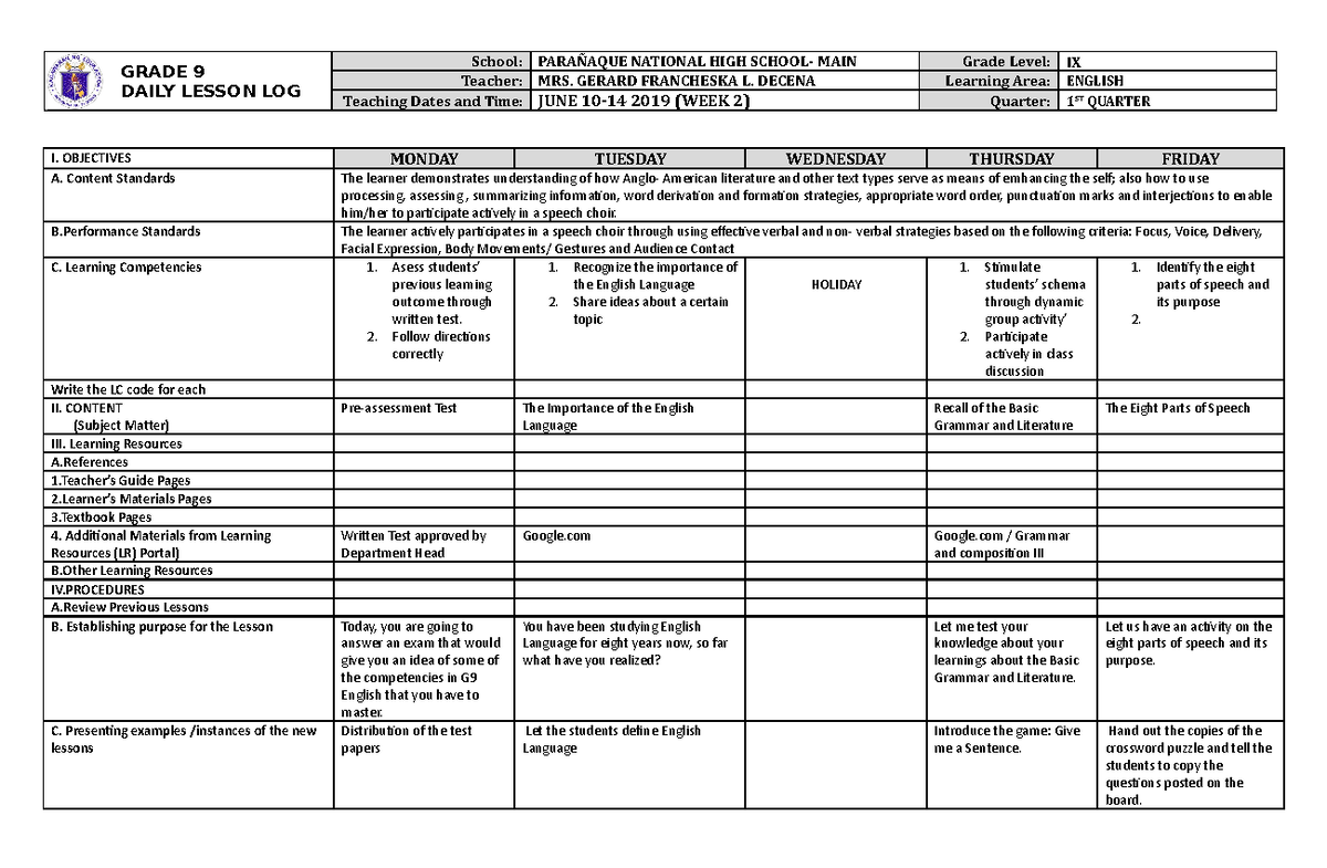 DLL 2nd week 2019-2020 - DLL - GRADE 9 DAILY LESSON LOG School ...