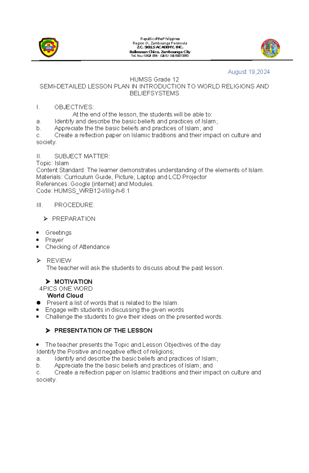 1 Religion - August 19, HUMSS Grade 12 SEMI-DETAILED LESSON PLAN IN ...