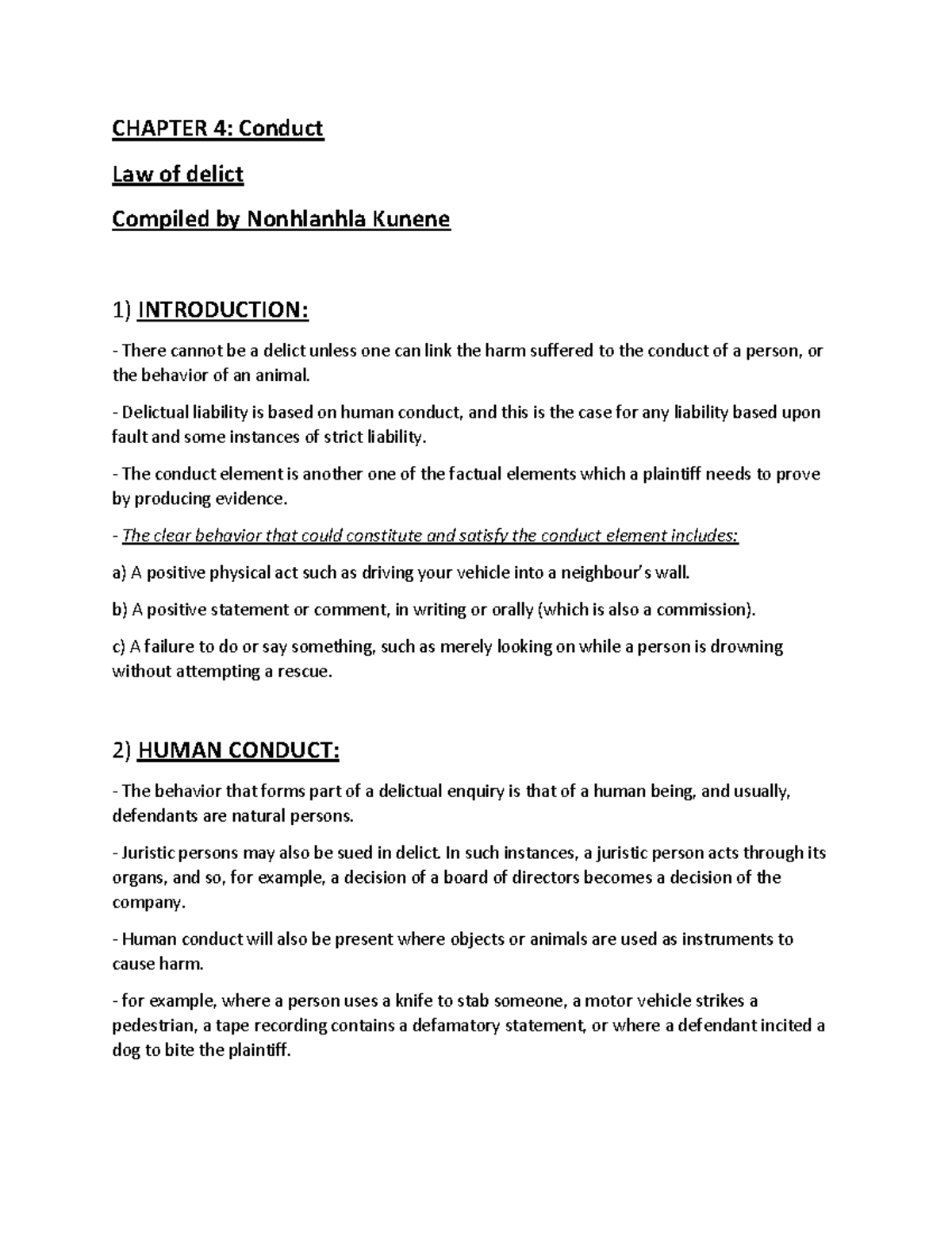 Chapter 4: Conduct summary notes - CHAPTER 4: Conduct Law of delict ...