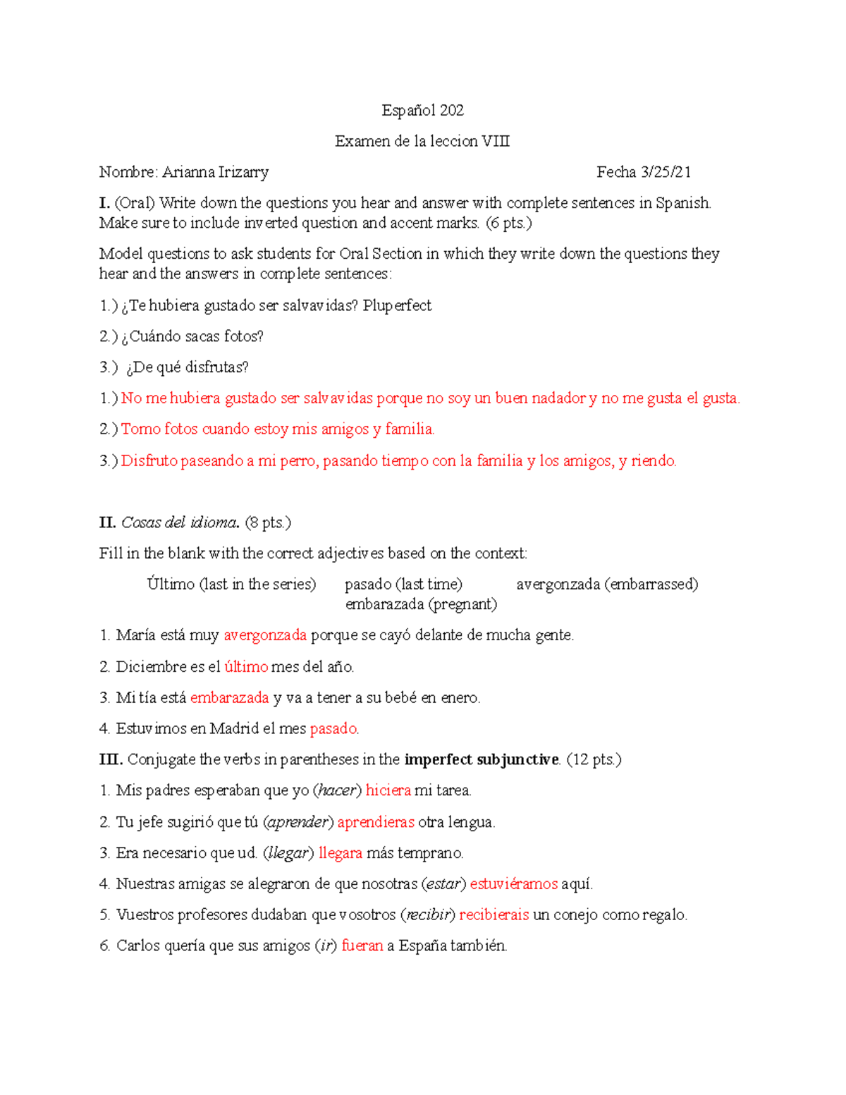 Lesson 8 Test - SP 202 Continuemos - Español 202 Examen De La Leccion ...