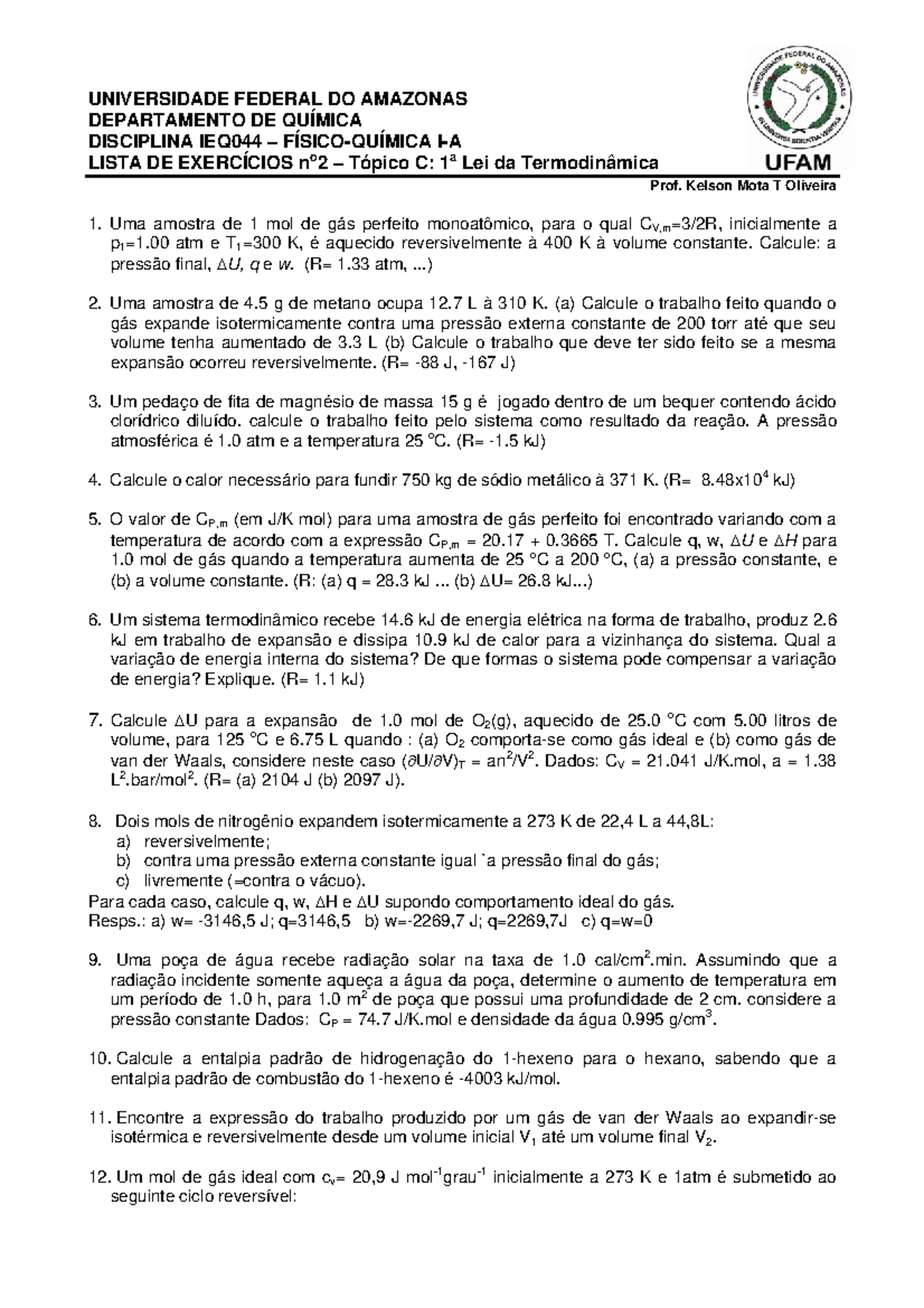 Lista 2 11 2sm 1a Lei Termodinamica Studocu