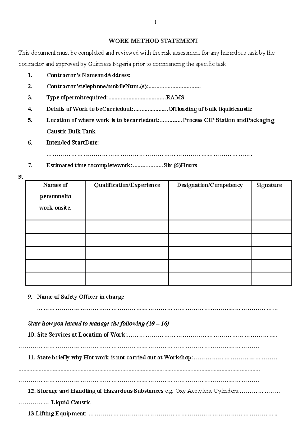 WORK Method Statement (003).doc - Google Docs - WORK METHOD STATEMENT ...