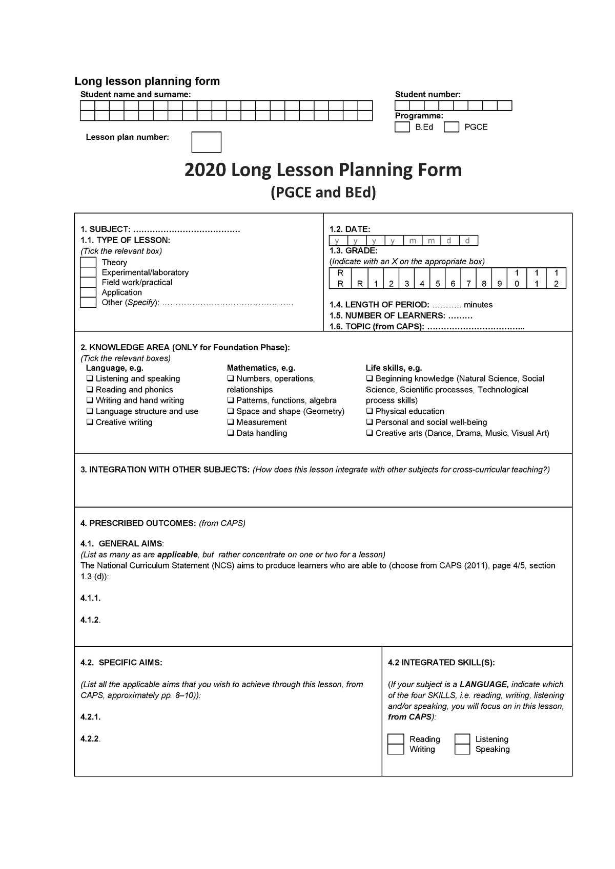 Tuks Long Lesson Planning Form Bed And Pgce Studocu