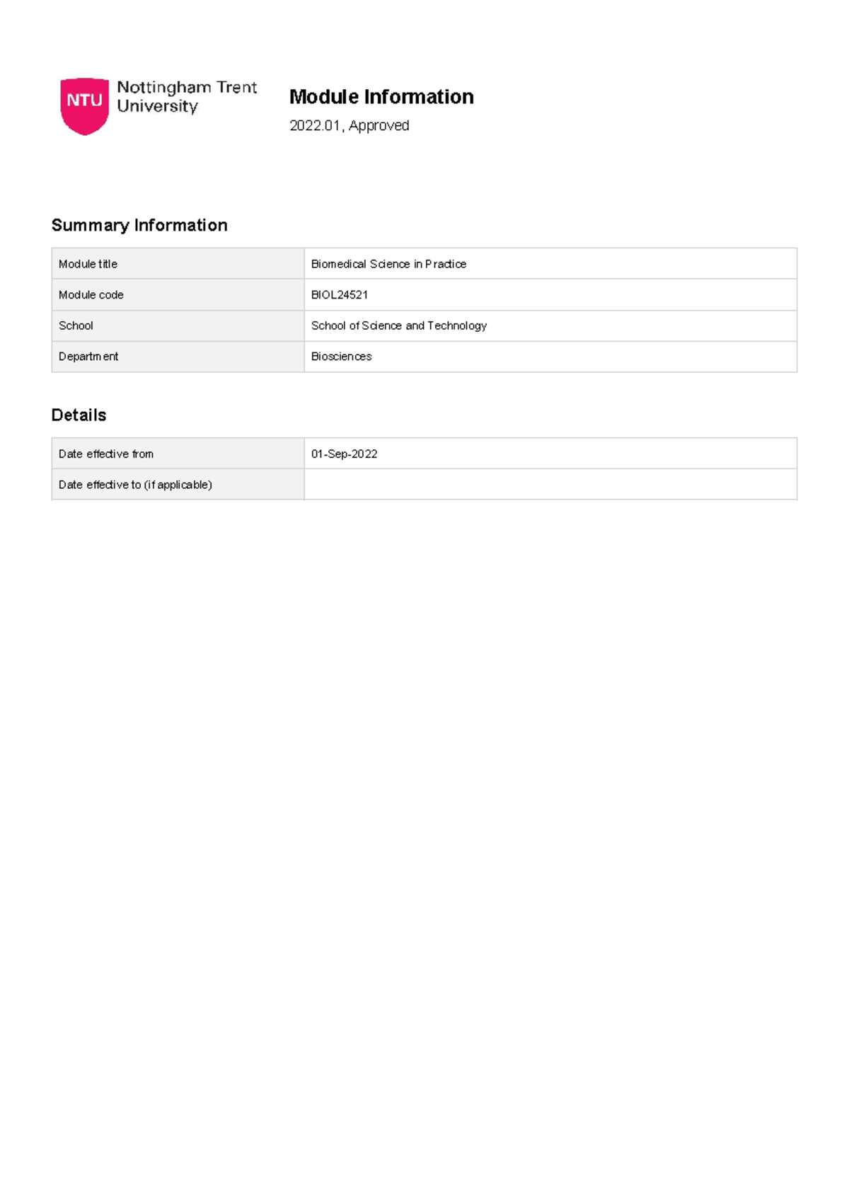 Module Specification Module Information 2022, Approved Summary