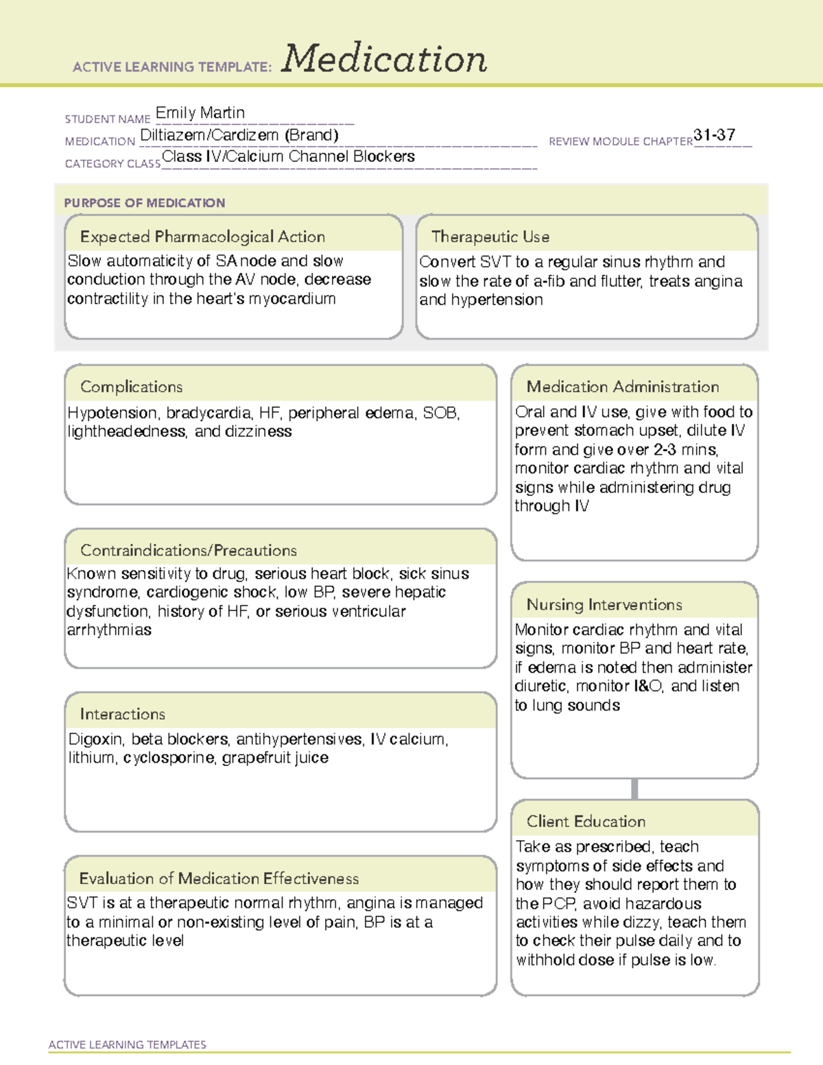 Cardizem - ACTIVE LEARNING TEMPLATES Medication STUDENT NAME