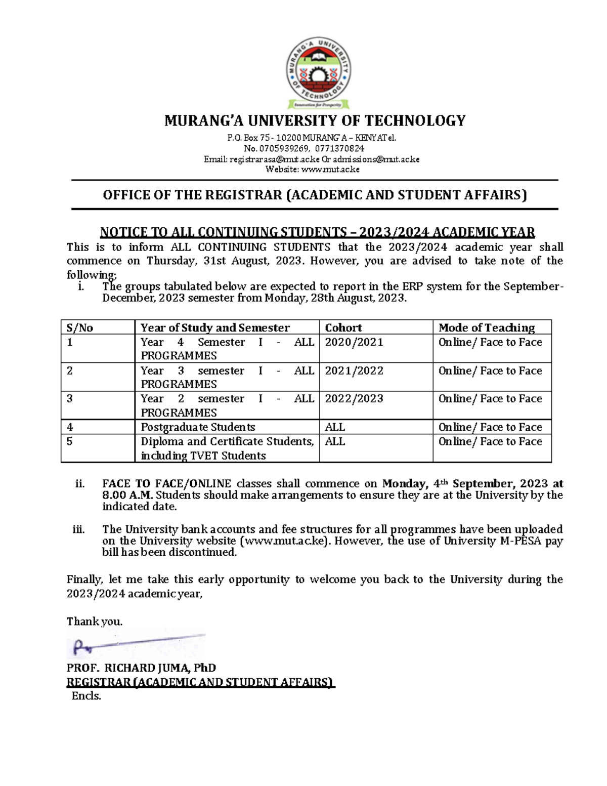 Memo September December semster 2023 Continuing updated - MURANG’A ...
