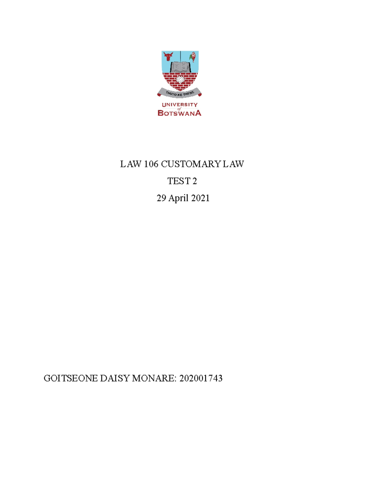 106 assignement An assignment of the Customary law of Botswana. LAW