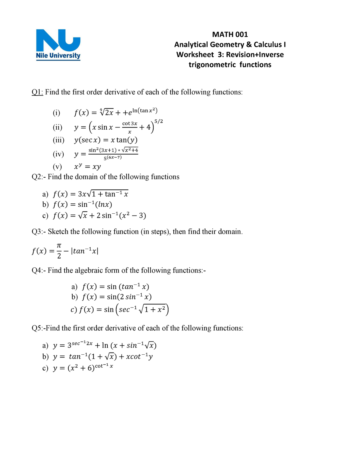 Math 22 Worksheet 22 - MATH 22 Analytical Geometry &amp; Calculus With Derivative Of Trigonometric Functions Worksheet