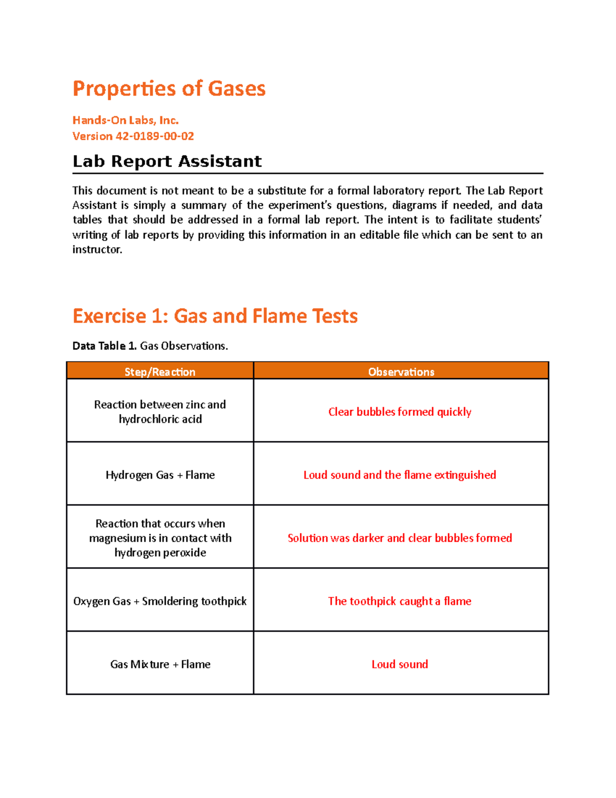 Properties of Gases, Lab Report Assistant Properties of Gases Hands