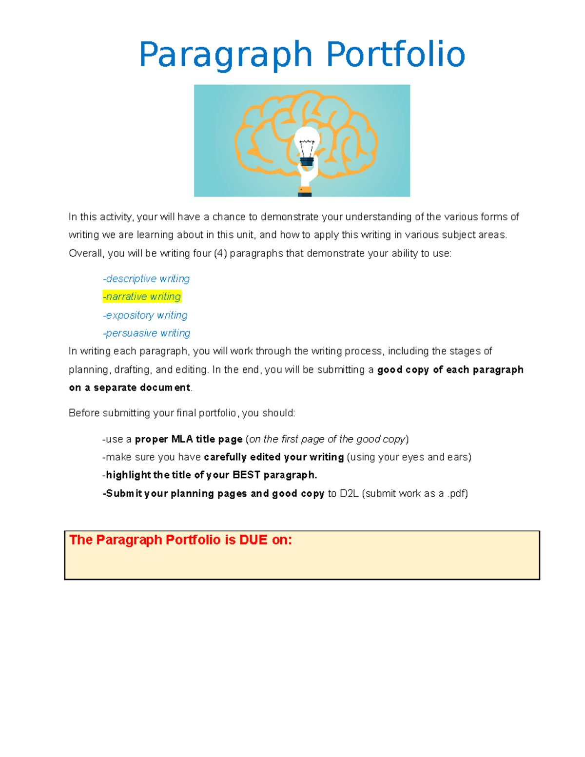 Paragraph PortfolioNarrative Paragraph Portfolio In this activity