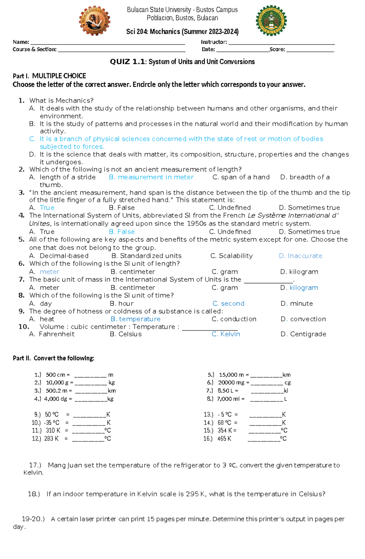 Quiz 1.1 ANS KEY (Measurement & Conversion) - Bulacan State University ...