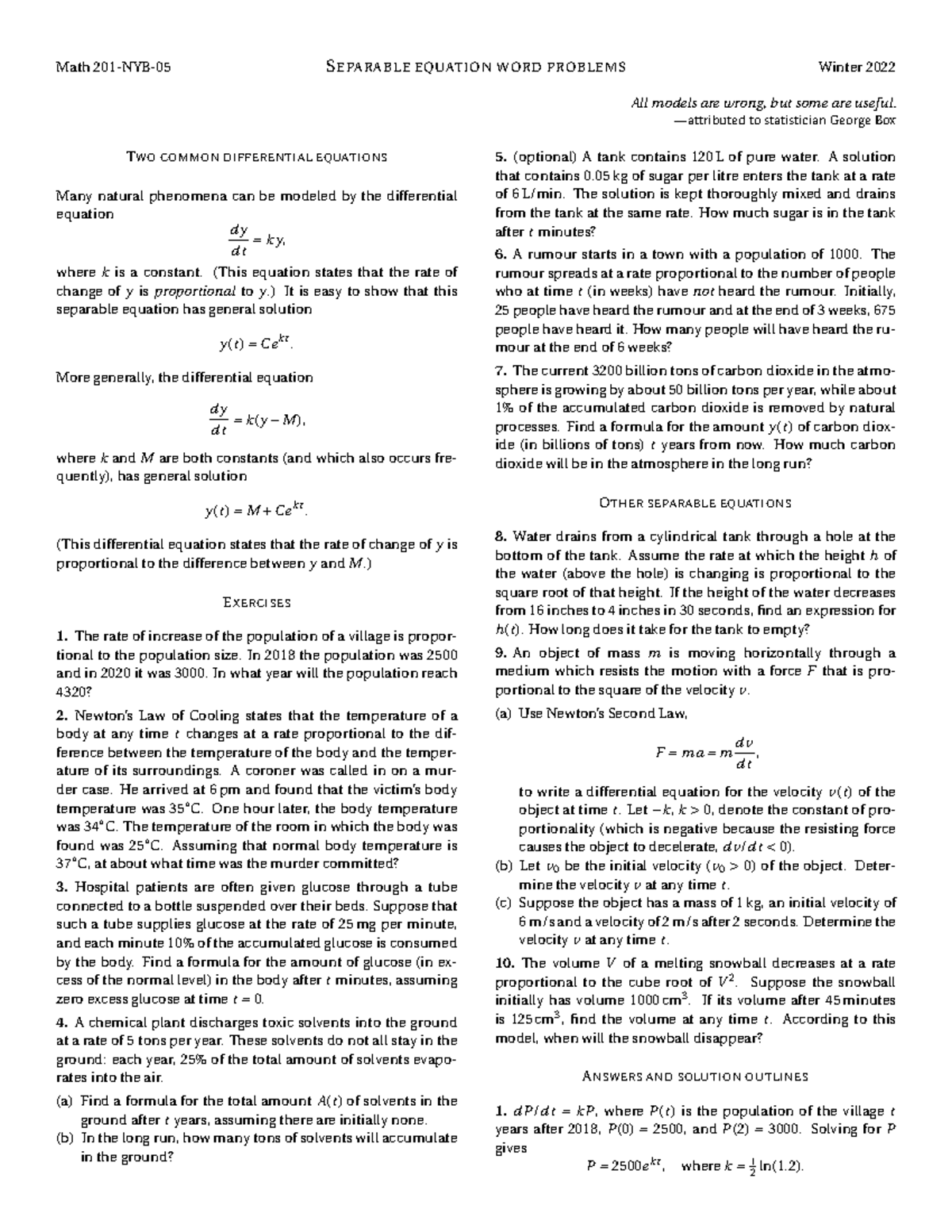 DEwordproblems - Practice - Math 201-NYB-05 SEPARABLE EQUATION WORD ...