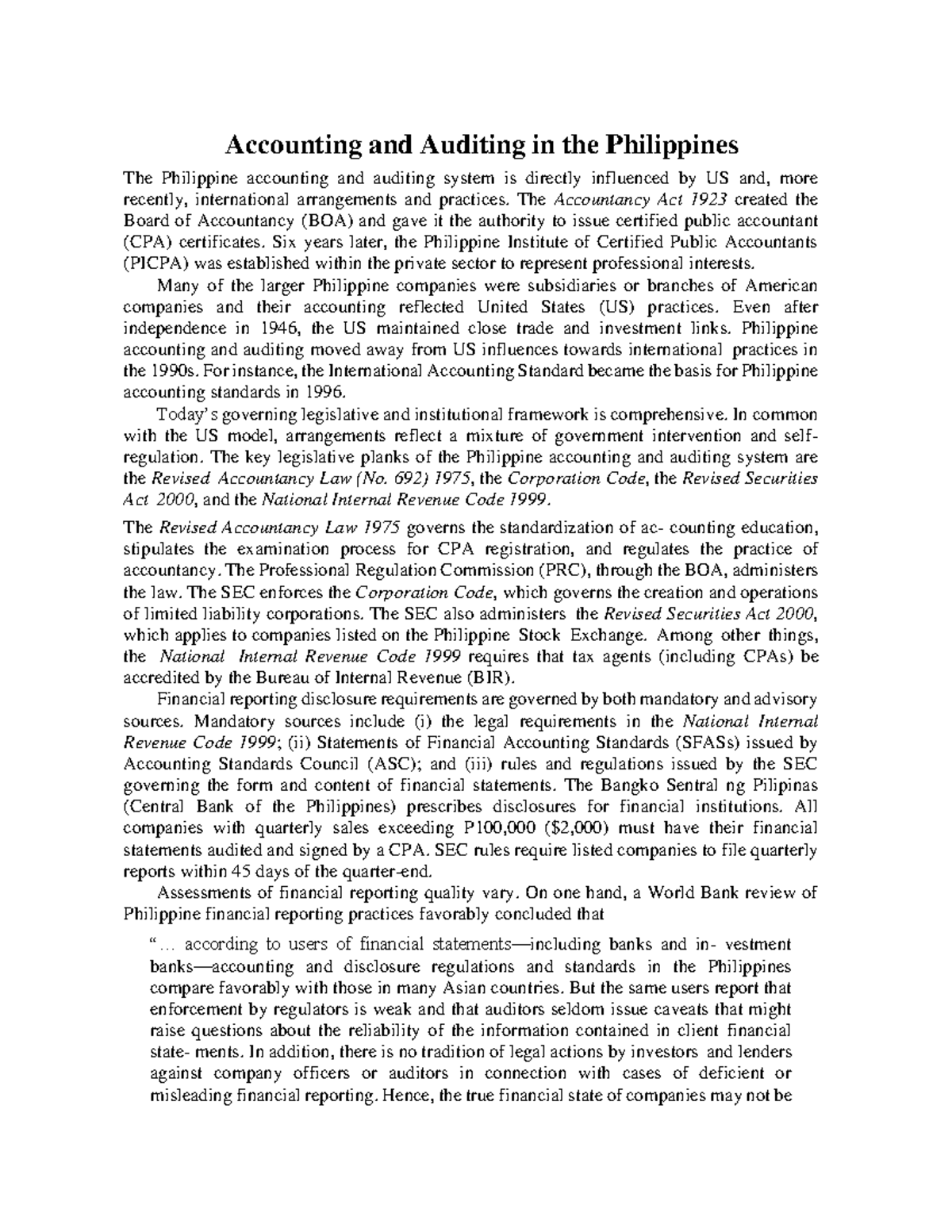 Accounting Auditing And Professional Infrastructure In The Accounting Auditing And Professional Infrastructure In The