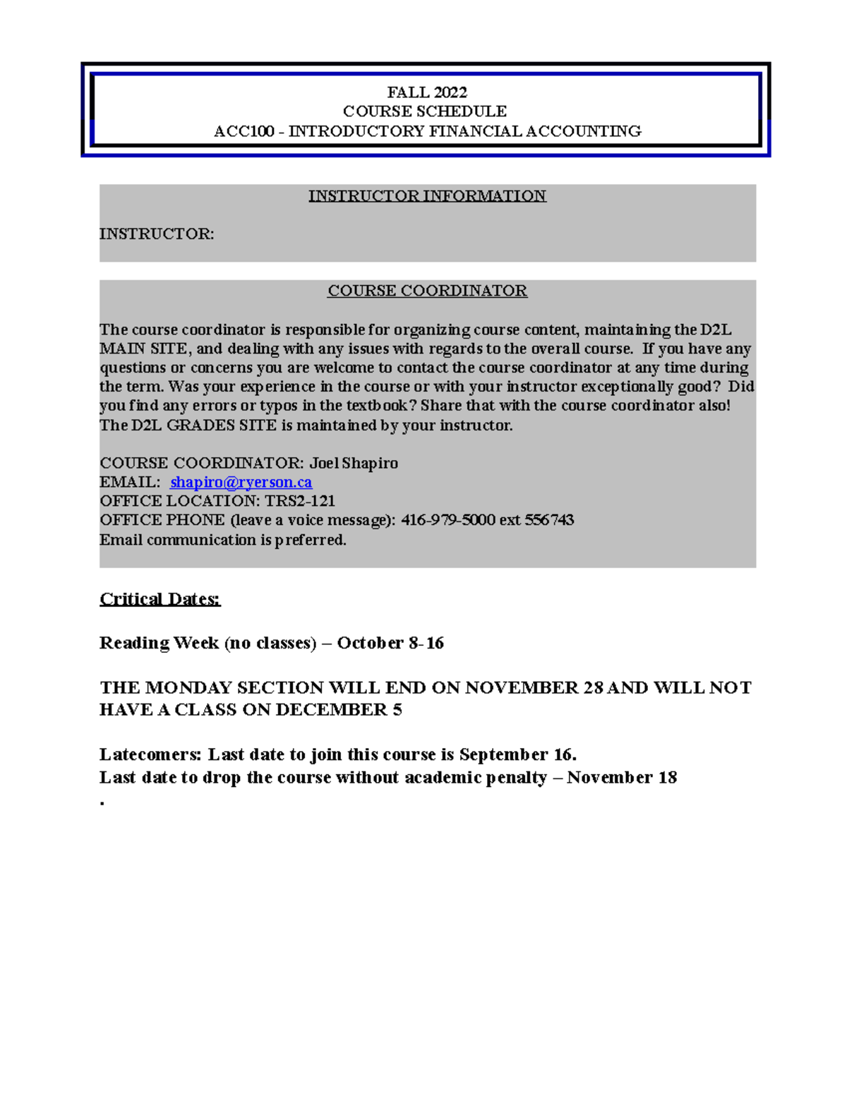 ACC100 Course Schedule Fall 2022 FALL 2022 COURSE SCHEDULE ACC100