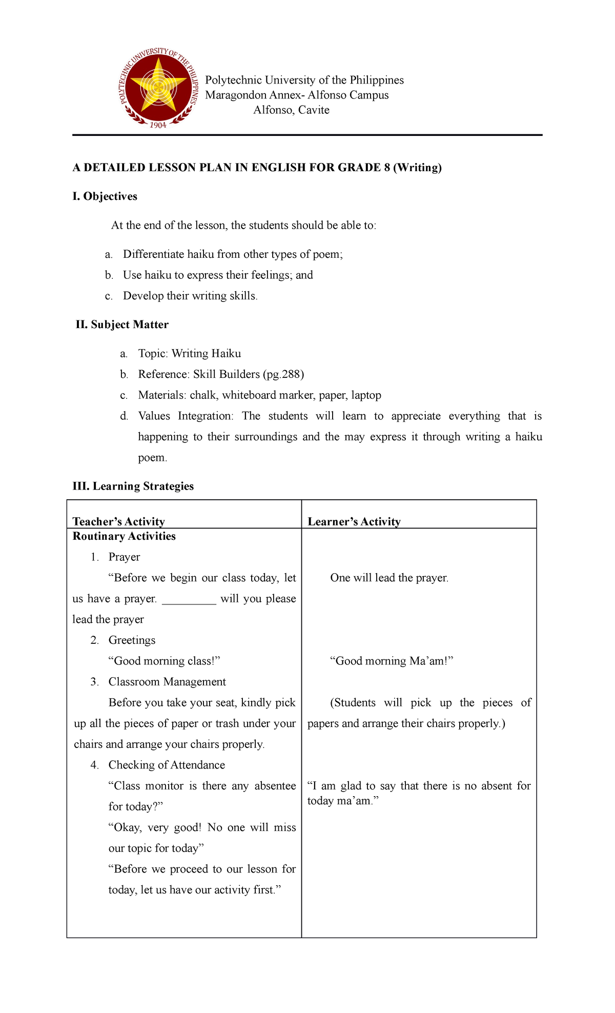 431168196 A Detailed Lesson Plan in English for Grade 8 - Polytechnic ...