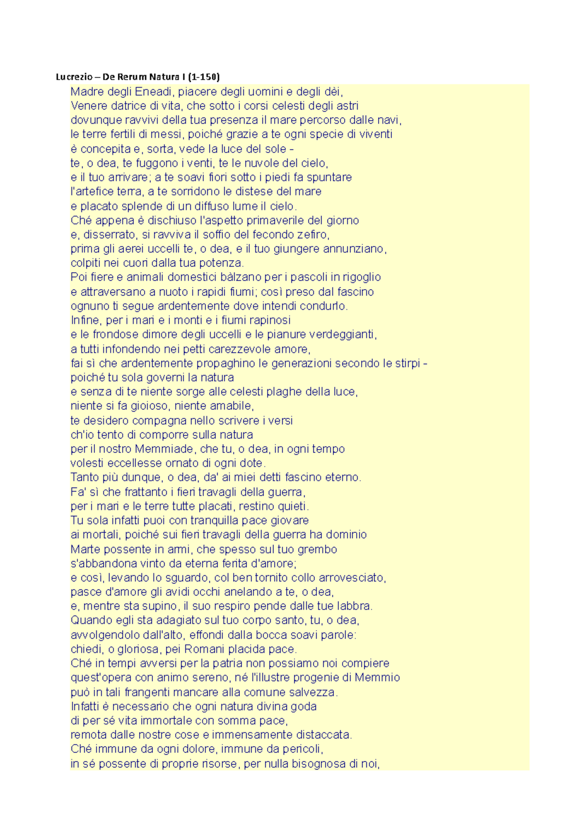 Lucrezio DE Rerum Natura - Lucrezio - De Rerum Natura I (1-150) Madre ...